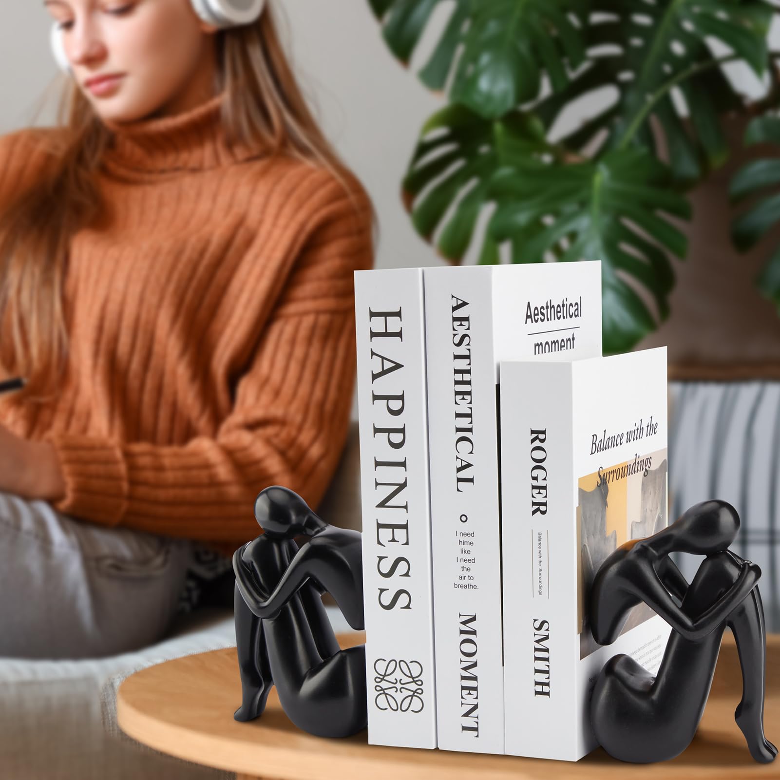 Black Decor Frauenstatue, Denker-Mädchen-Skulpturen, moderne abstrakte Kunstakzente, schwarze Harz-Sammelfiguren für Wohnzimmer, Schlafzimmer, Bücherregal, Couchtisch, Harz, 1 Stück