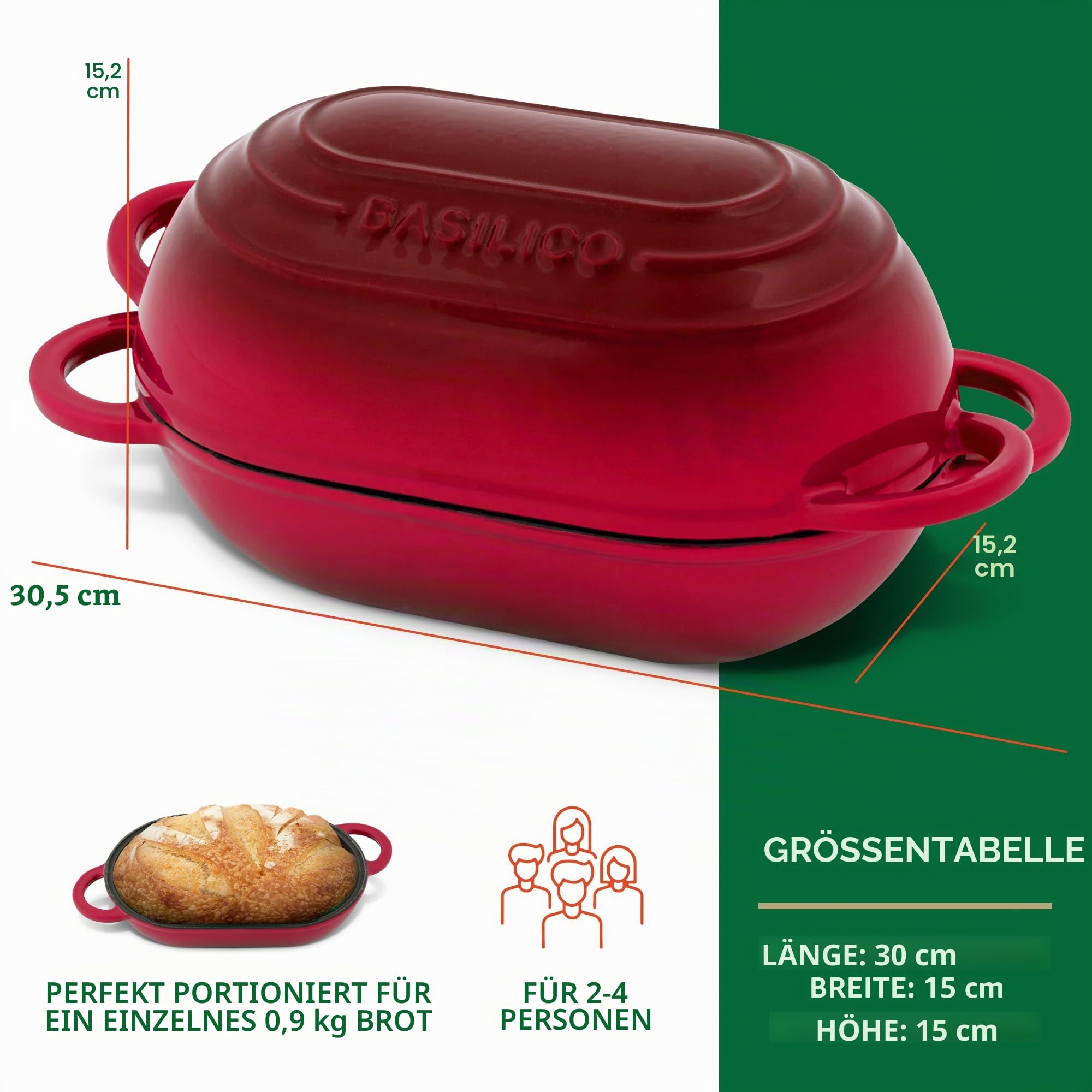 Emaillierter Gusseisen-Brotbackofen (Rot), Antihaft-Einzellaib-Guss-Brotpfanne mit Deckel, Einfacher Selbstgemachter Sauerteig-Dutch Oven mit Deckel, Ofenfeste Handwerker Brotbackform, Gusseisen