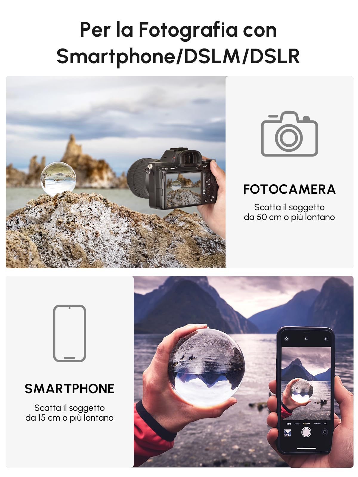 Rollei 22694 Lensball 110 mm i Sfera di Vetro i Sfera di Cristallo i Sfera della Foto con la Borsa di Stoccaggio & Panno di Pulizia in Microfibra per la Pulizia della Sfera di Vetro, Trasparente