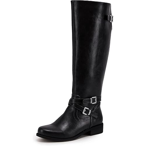 Ermonn Womens Knee High Boots Wide Calf Flat Low Heel Side Zipper Faux Leather Fashion Winter Riding Boot