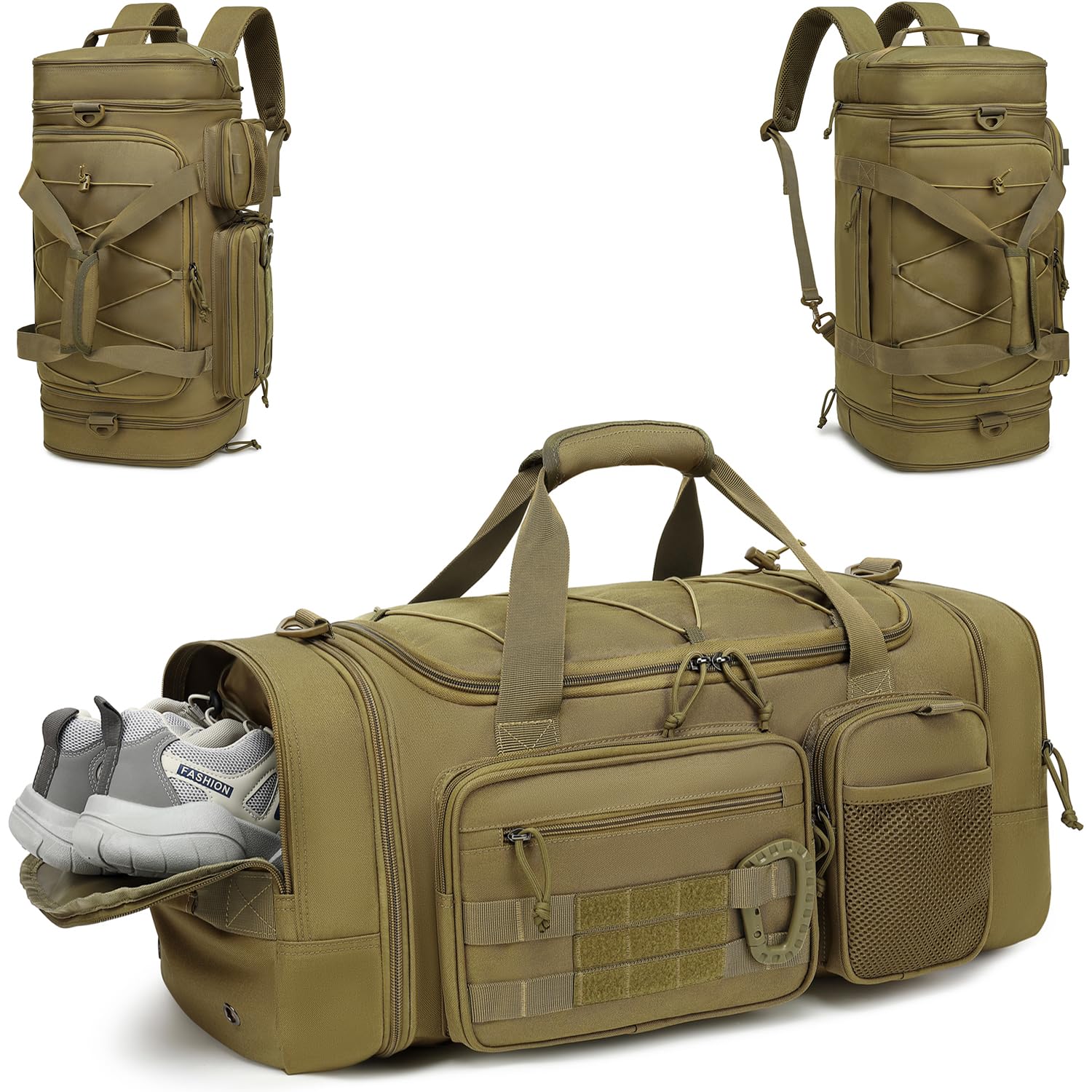 Bolsa de Viaje Táctica Expandible 40-45L Bolsa Deporte Hombre con Compartimento Zapatos y Bolsillo húmedo Bolsas Gimnasio con Función Mochila para Fin De Semana, Viajes, Marrón