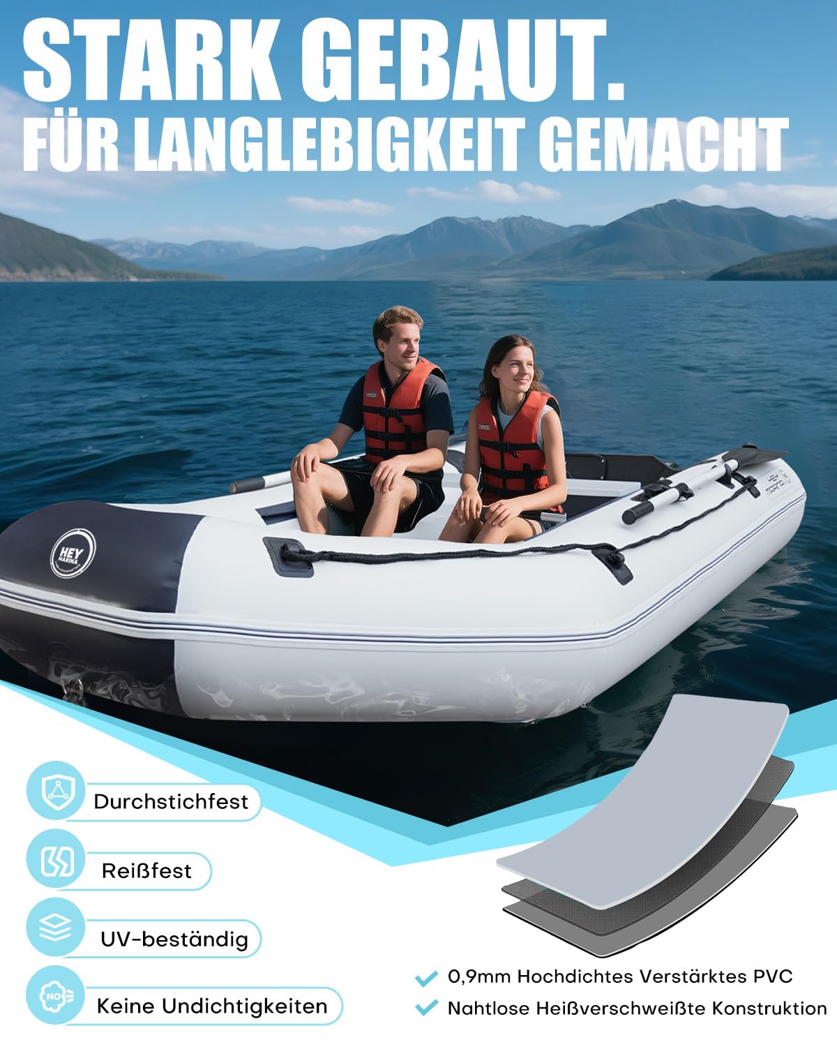Hey Marina Schlauchboot Aufblasbares 3 m für 3–4 Personen – Wave, Motor geeignet, Freizeitboot, Paddelboot, Angelboot – Mit 2 Sitzbänken, Drop-Stitch-Boden, Paddel, Pumpe, Reparaturset & Tasche