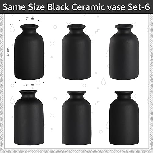 Miniatura 2 de Uiifan Paquete de 6 jarrones pequeños de cerámica negra a granel, jarrones rústicos de hierba de las pampas, jarrones de mesa bohemios, jarrones de