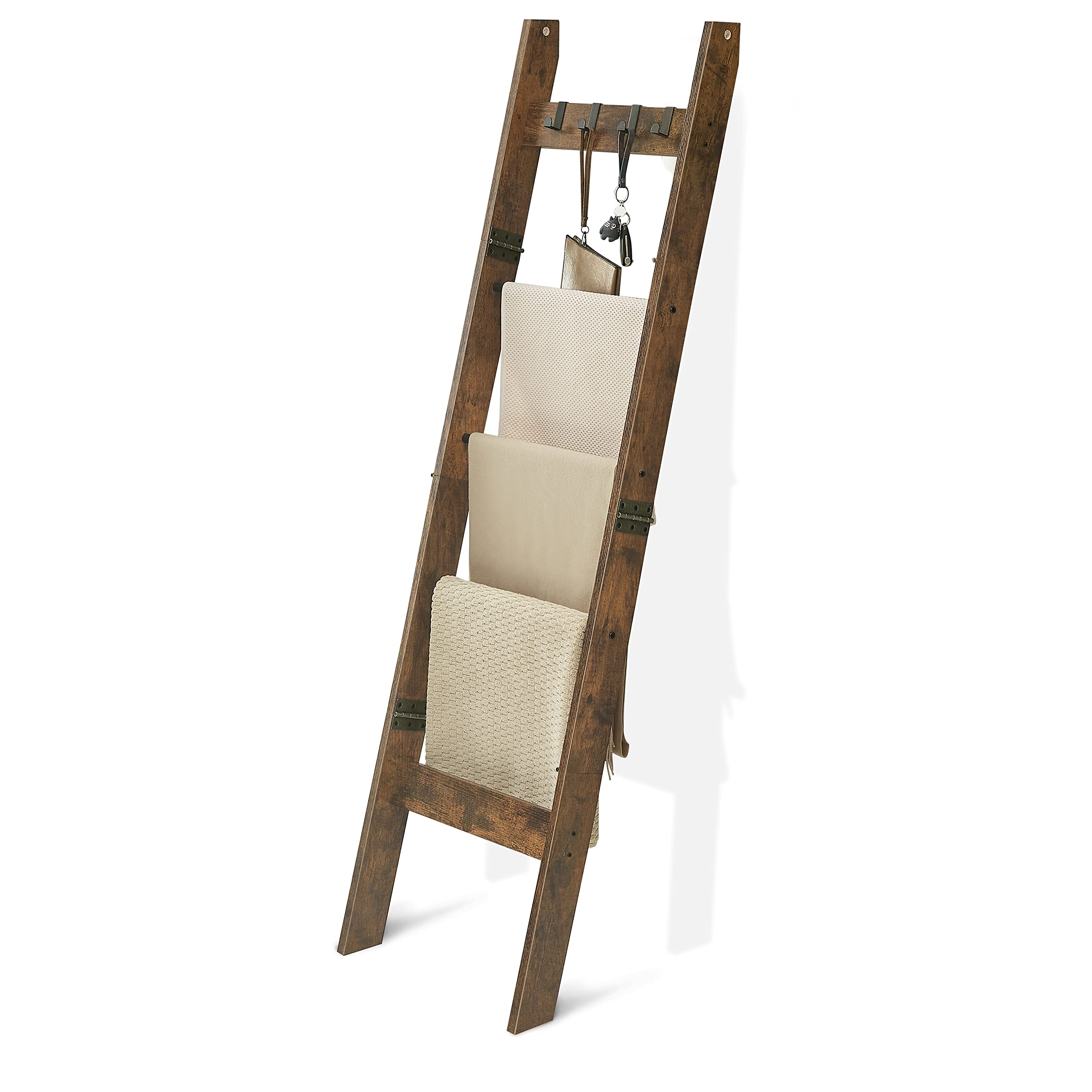 Hzuaneri Blanket Ladder for Living Room, Decorative Quilt Rack with 4 Removable Hooks, 5-Tier Farmhouse Ladder Holder Shelf Organizer for Bedroom, Rustic Brown and Black 02101BBR