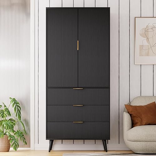 Tall Storage Cabinet, Pantry Cabinet with 2 Doors & Adjustable Shelves, 71" Cupboard with 3 Drawers Fluted Panel Design, Pantry Organizers Cabinet for Kitchen Living Room Walnut