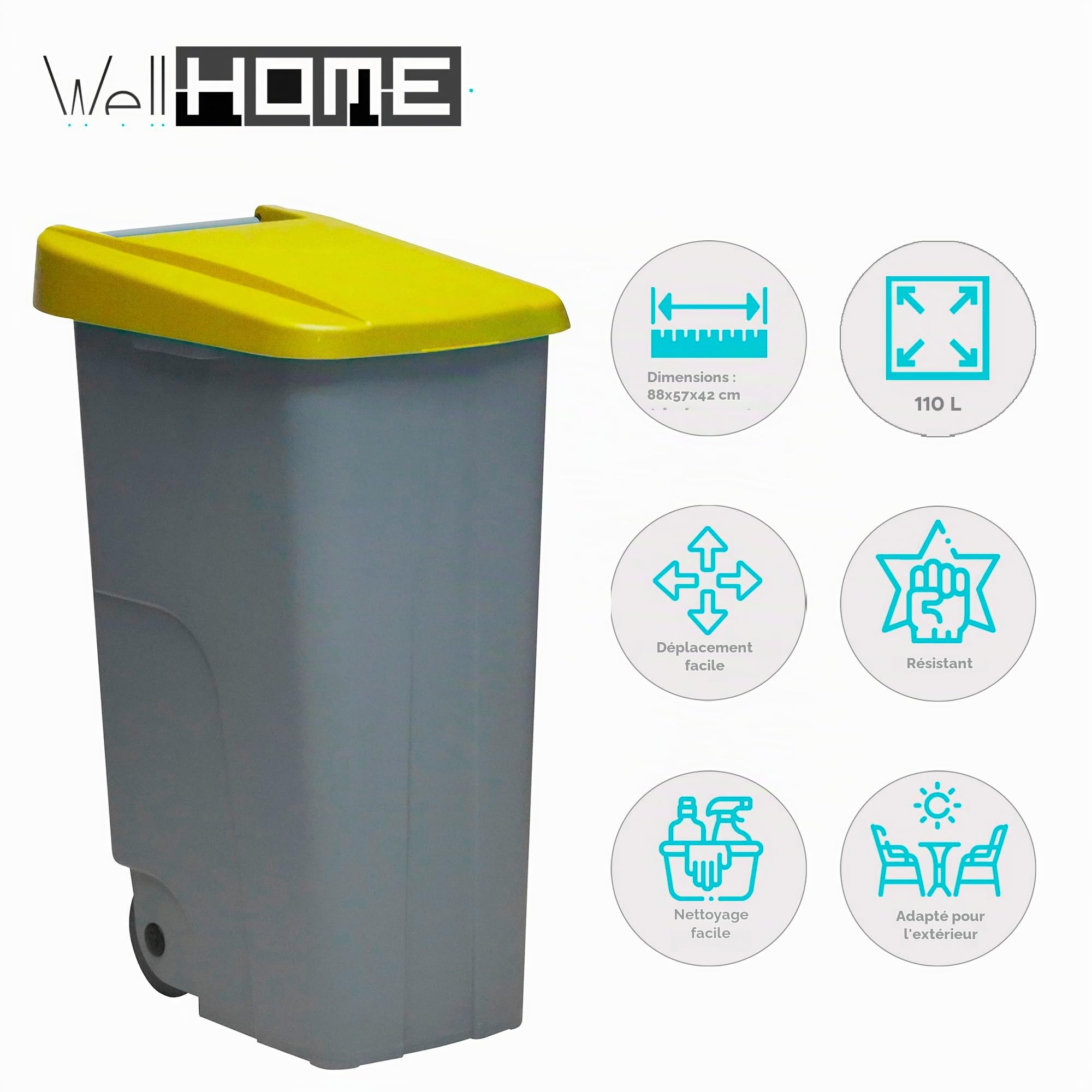 Well Home Conteneur recyclable 110 litres fermé Jaune 88 x 57 x 42 cm