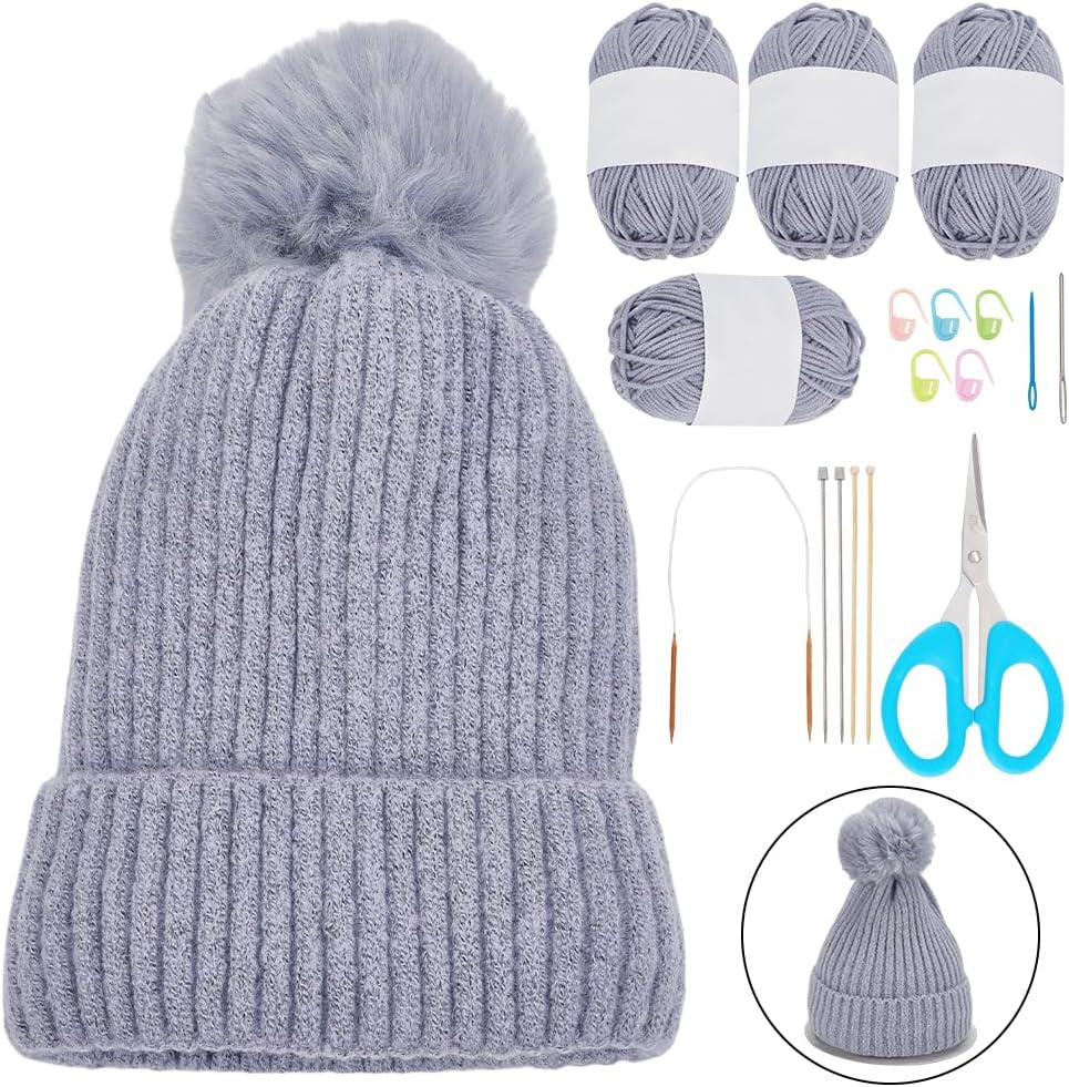 WEBEEDY Hat Knitting Kit DIY Knitting Kit with Step by Step Instruction,Wood and Metal Knitting Needle Set with Cotton Yarn for Adults Beginner Knitting and Crochet Supplies Ideal Gift(Gray)