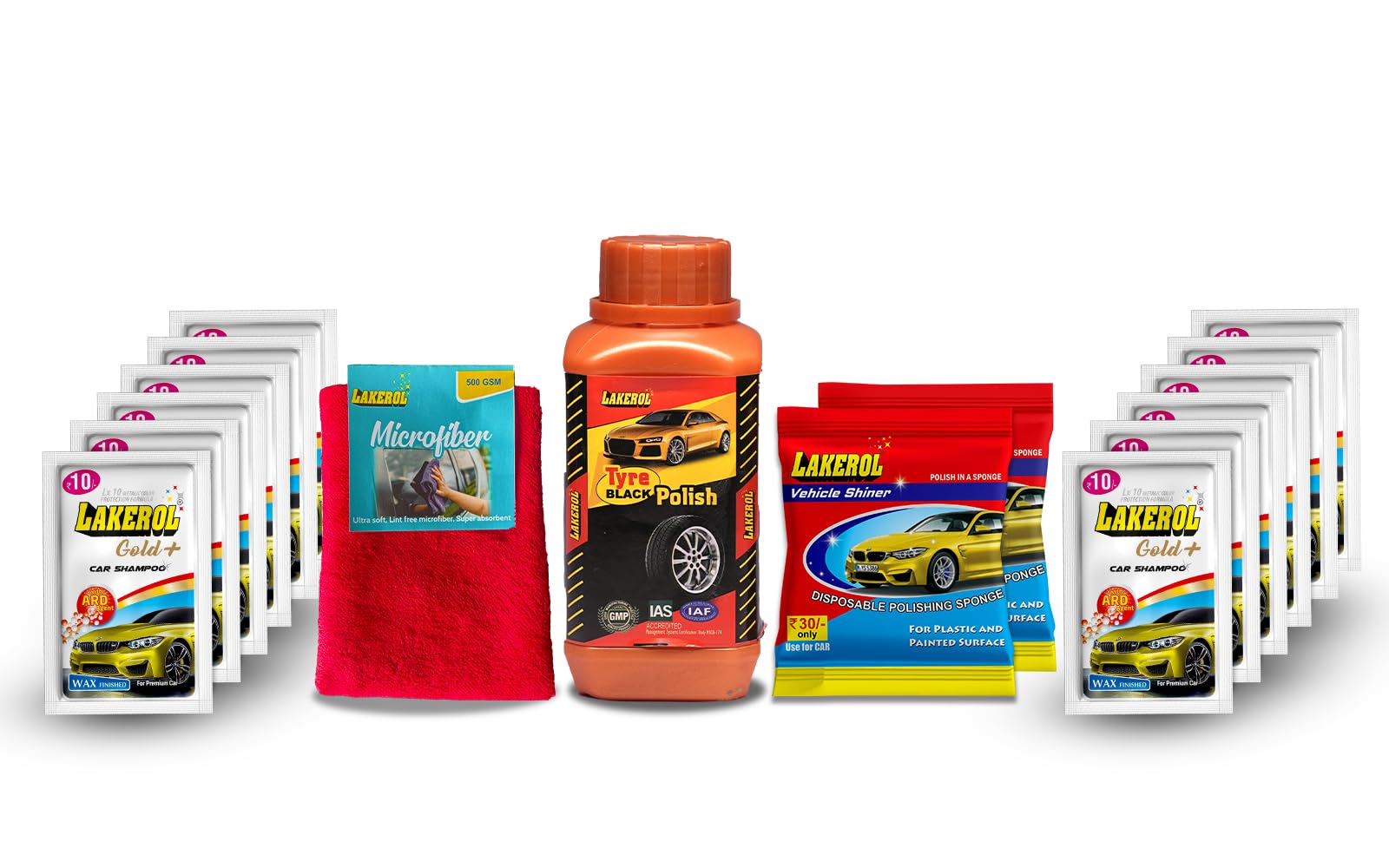 Lakerol Car Care Combo: 200ml Tyre Black Polish, 12 Sachets of Lakerol Gold+ Shampoo, 500GSM Microfiber Cloth, and 2Pcs Car Polish Sponges-image-11