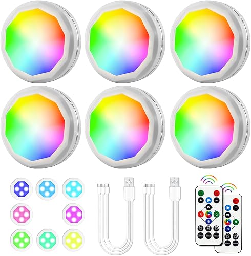 Miniatura 10 de Luces de disco recargables para debajo del gabinete, paquete de 6 luces LED de armario con control remoto, 16 colores, carga USB, luces nocturnas
