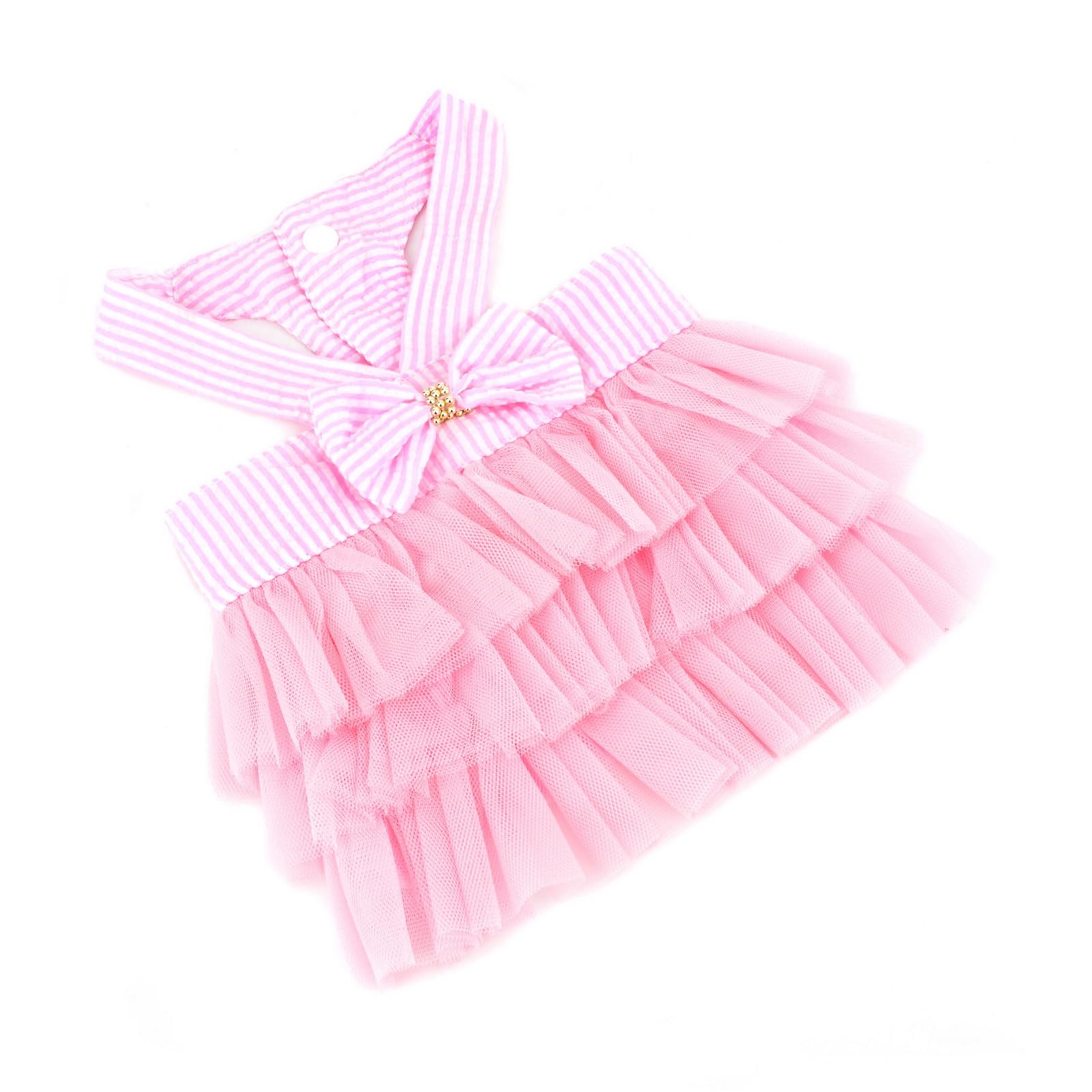 PAIDEFUL Robe tutu d'été en denim rayé avec nœud en organza et perles - Doux et confortable - Respirant - Sans manches - Bouton - Rose - Taille L
