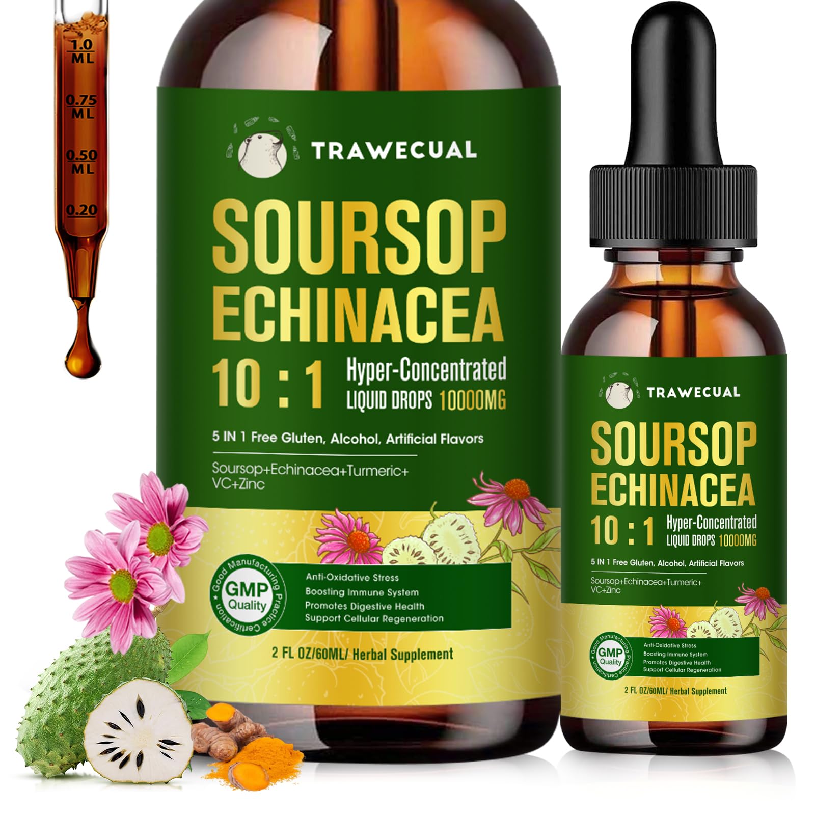 Soursop Graviola Liquid Drops – 5 in 1 with Echinacea, Turmeric, VC, Zinc, 10:1 Concentrate Soursop Bitters for Immune Support, Cellular Health and Antioxidant Support