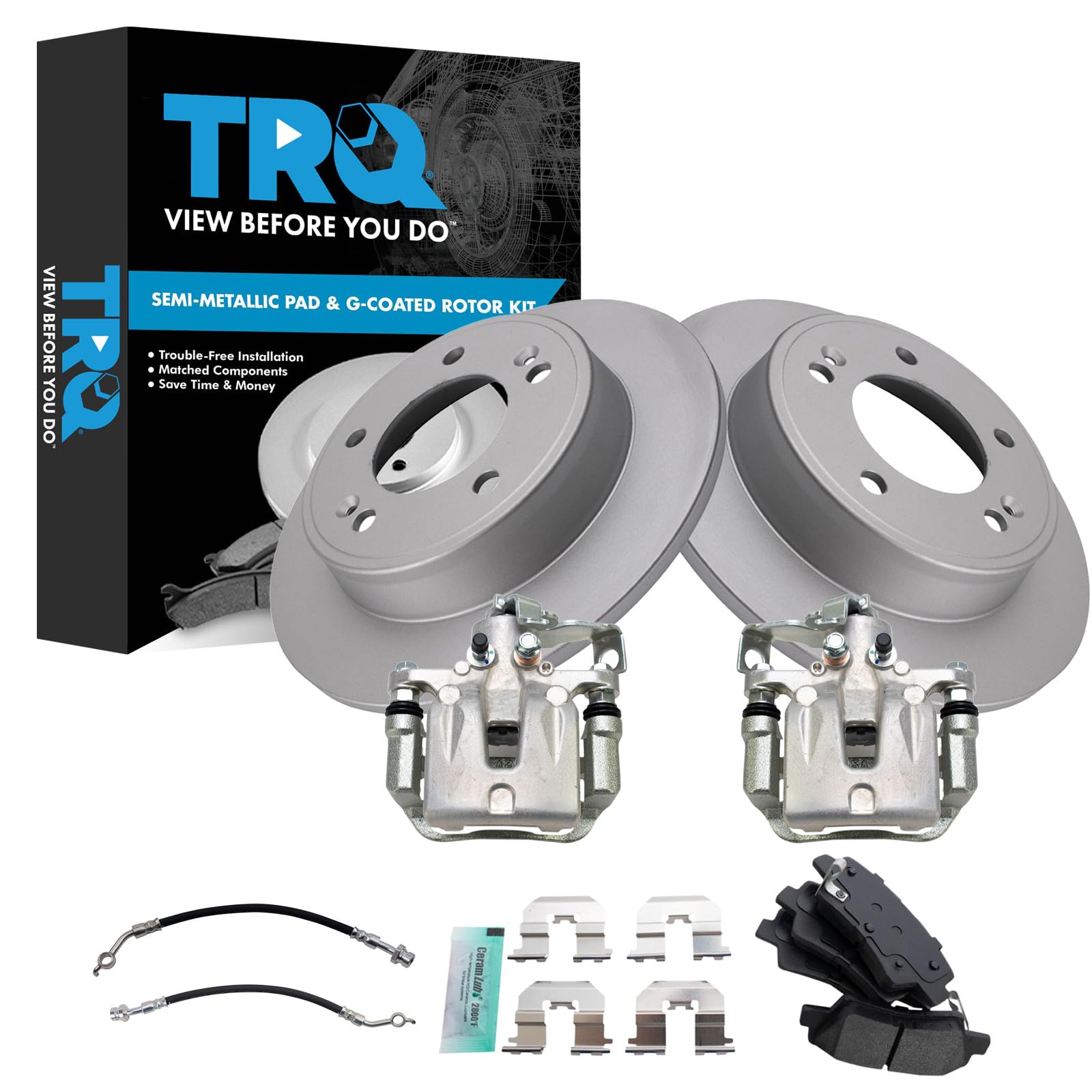 TRQ Rear Brake Pad and Rotor Set Semi Metallic Coated Rotors Calipers Compatible with 2014-2018 Kia Forte 2014-2016 Forte Koup 2014-2018 Forte5