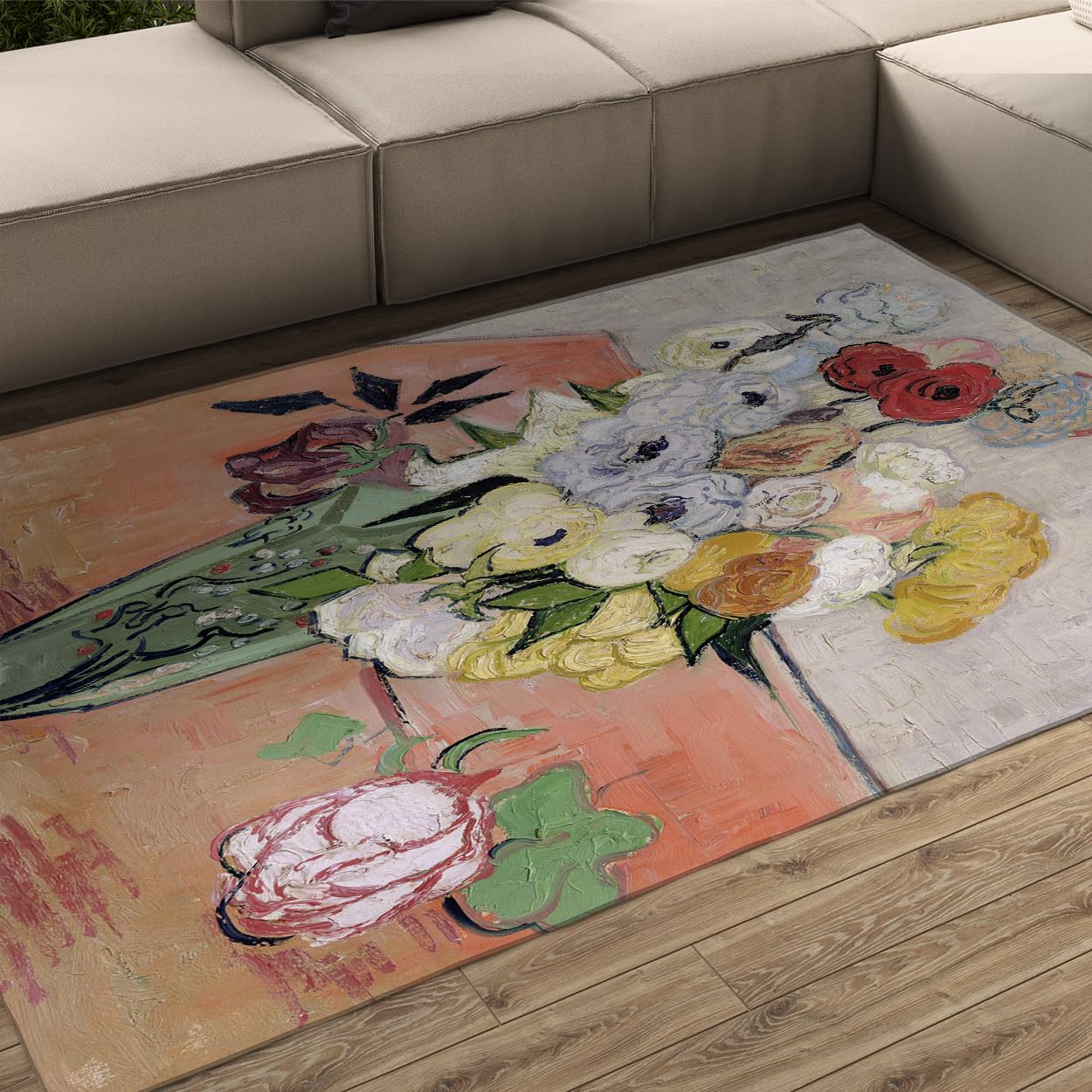 Tapis de chevet romance florale d'anémones et roses style japonais 90x150 cm