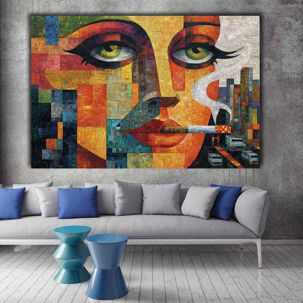 WUFIEA Ogólny abstrakcyjny obraz na płótnie kolorowa twarz dym do salonu sypialni biura dekoracja (khaki74) - 40 x 60 cm oprawiony