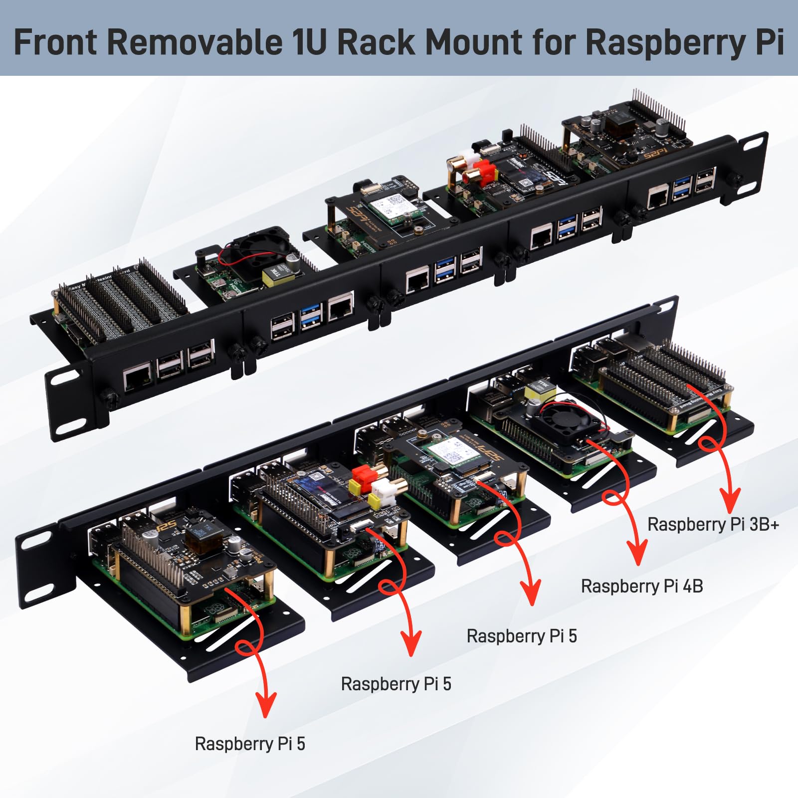 GeeekPi 19 inch 1U Rackmount for Raspberry Pi 5/4B/3B+/3B, with removable front staffe, compatible with 19 inch Server Cabinets
