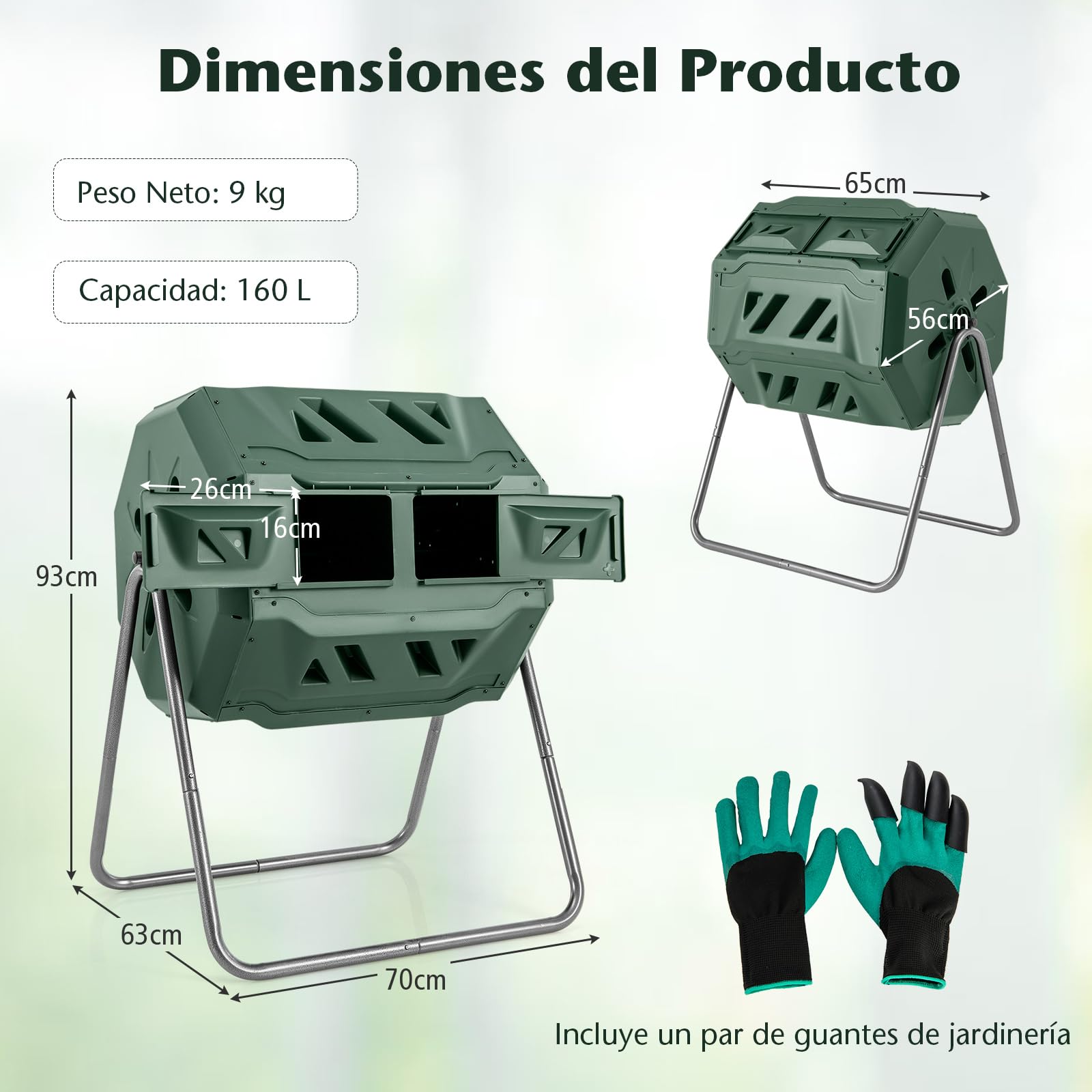 COSTWAY Compostador Jardin Giratorio 360° 160L, Contenedor de Compost, Tambor de Compostaje de Doble Cámara con 2 Puertas Correderas, Marco de Metal Resistente, sin BPA para Desechos de Jardín (Verde)