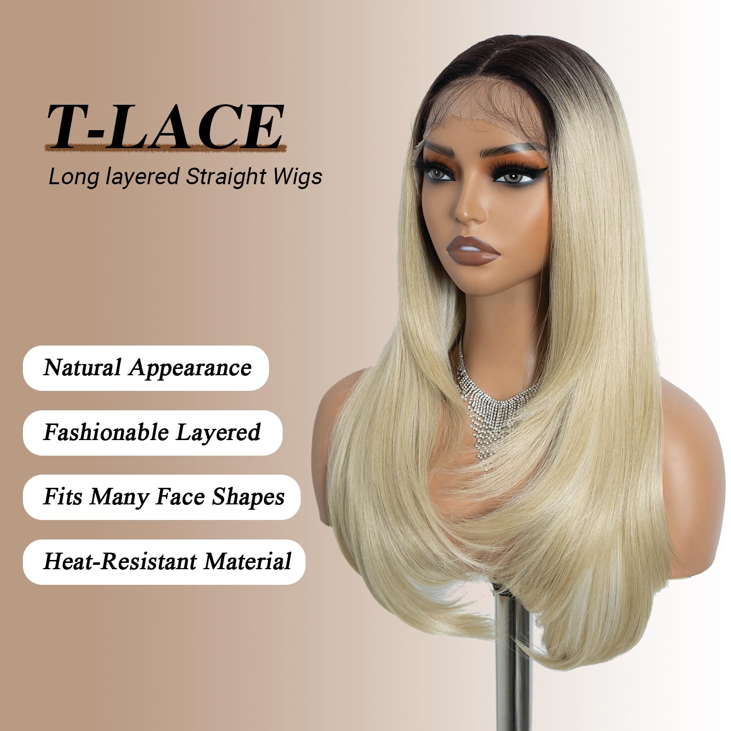 NOBLE Blonde Highlight Straight Layered Wig for Women 24 inch Synthetic Lace Front Wig Ombre Blonde Wig for Daily - Image 2