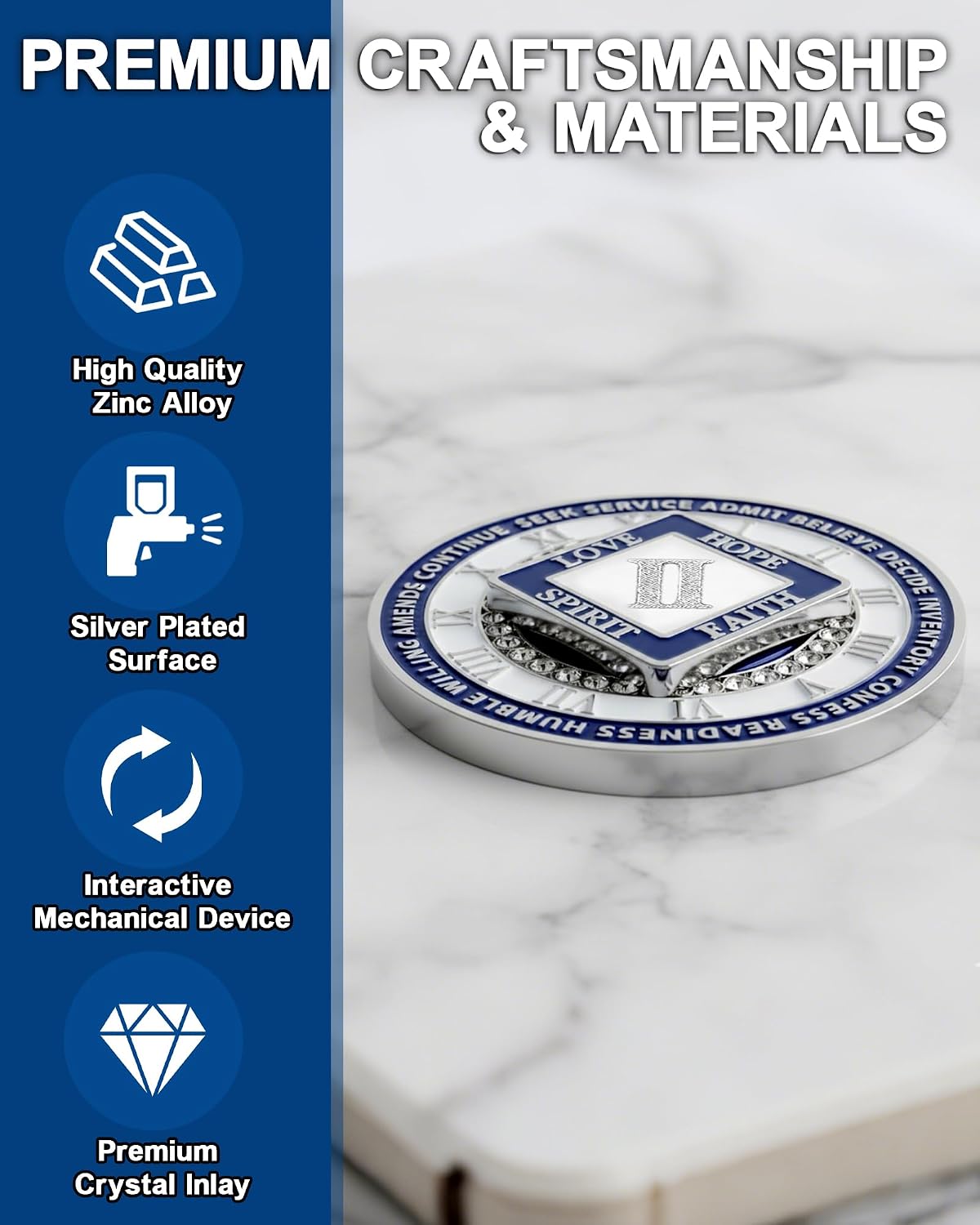 2 Year NA Sobriety Coin - Blue Rotating Rhombus Recovery Medallion with Crystals - Narcotics Anonymous Recovery Gifts for Men and Women, 12-Step Spinner Milestone Token - Just for Today