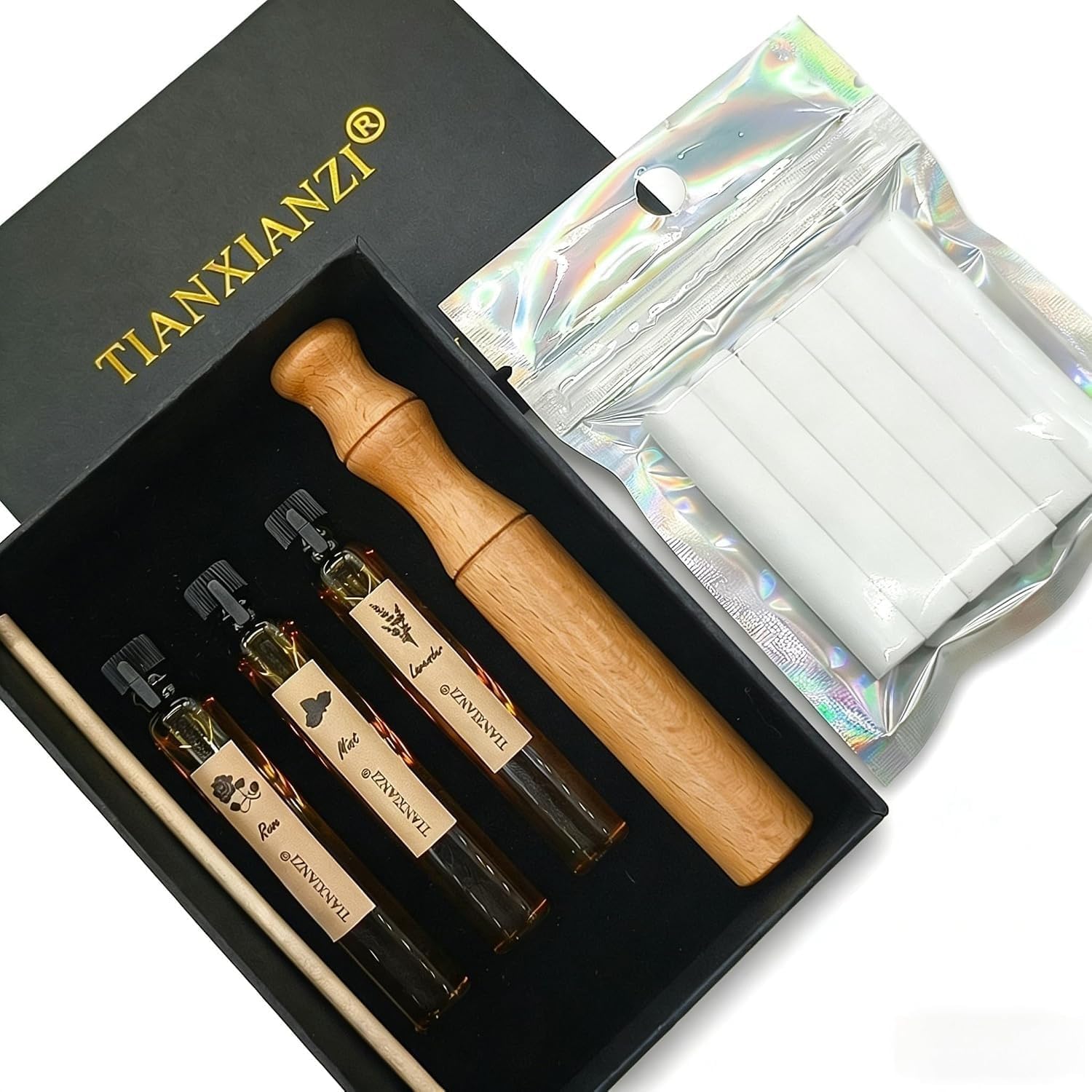 Portable Wooden Essential Oil Inhaler | 3pcs Essential Oils | All-Natural Herbal Extracts | 6PCS Refill Pads, On-the-Go Wellness Tool | Freshens Breath | Quit Bad Habits