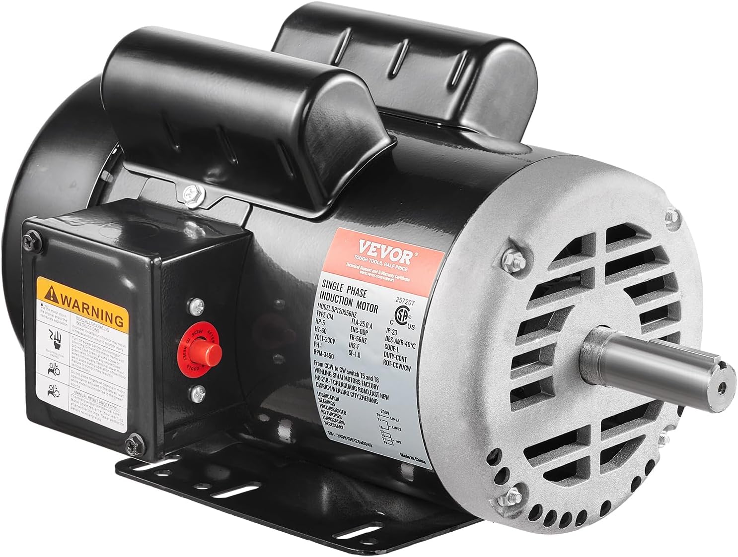 VEVOR 5HP Air Compressor Electric Motor, 230V 25 Amps, 56HZ Frame 3450RPM, 7/8" Keyed Shaft, 2.25" Shaft Length, Single Phase, CCW/CW (Factory Setting is CCW)