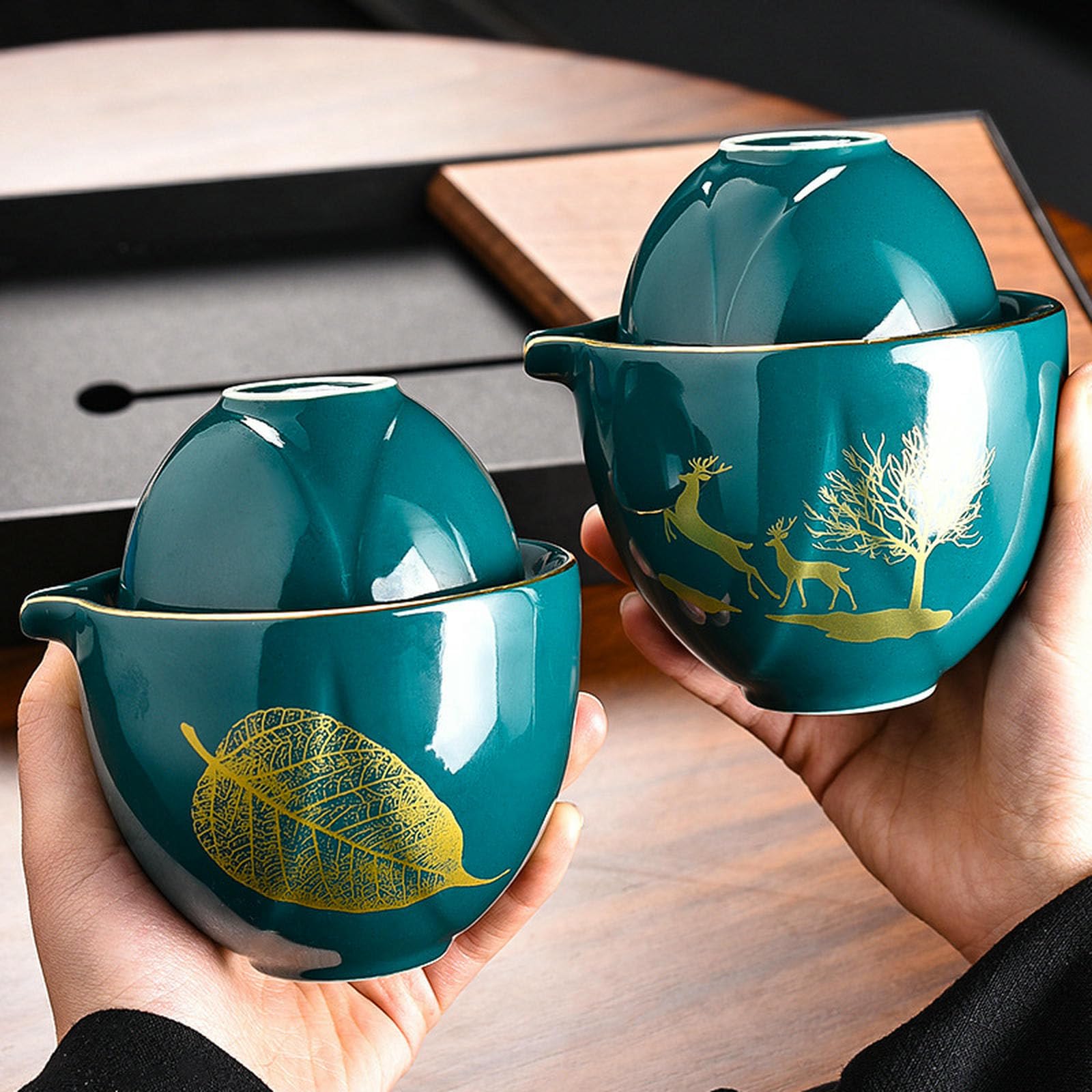 Juego de té portátil de cerámica japonesa, juego de viaje al aire libre con una olla y dos tazas, clásico negro y ciervo acompañan