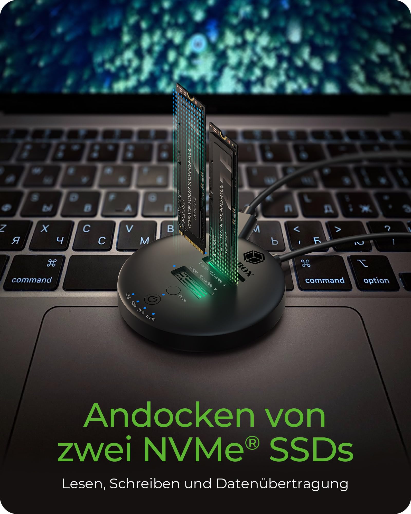 ICY Box M.2 NVMe SSD Klon- und DockingStation, USB-C 3.1 Gen 2, bis 10 Gbit/s, Dual Bay, Autarkes Klonen ohne PC, für 22x30/42/60/80/110 mm SSDs, IB-1612MCL-C31