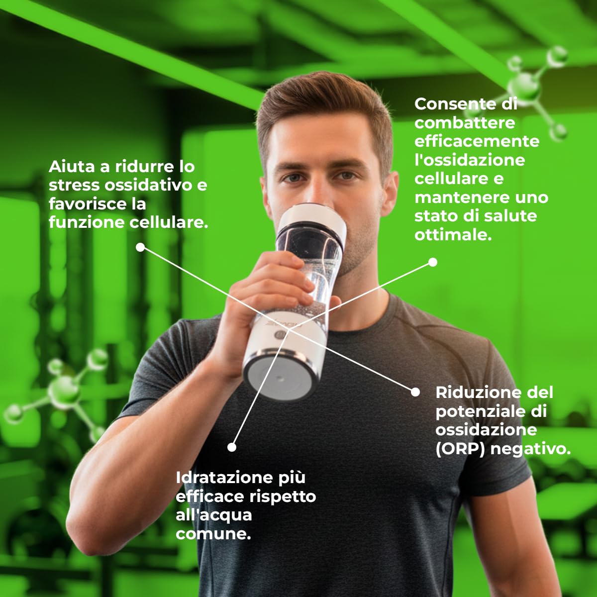 Molecular Curve – Borraccia Acqua Idrogenata Ricaricabile – 1300 PPB Idrogeno Molecolare – Ionizzatore Acqua con Tecnologia SPE e PEM – 450 ml
