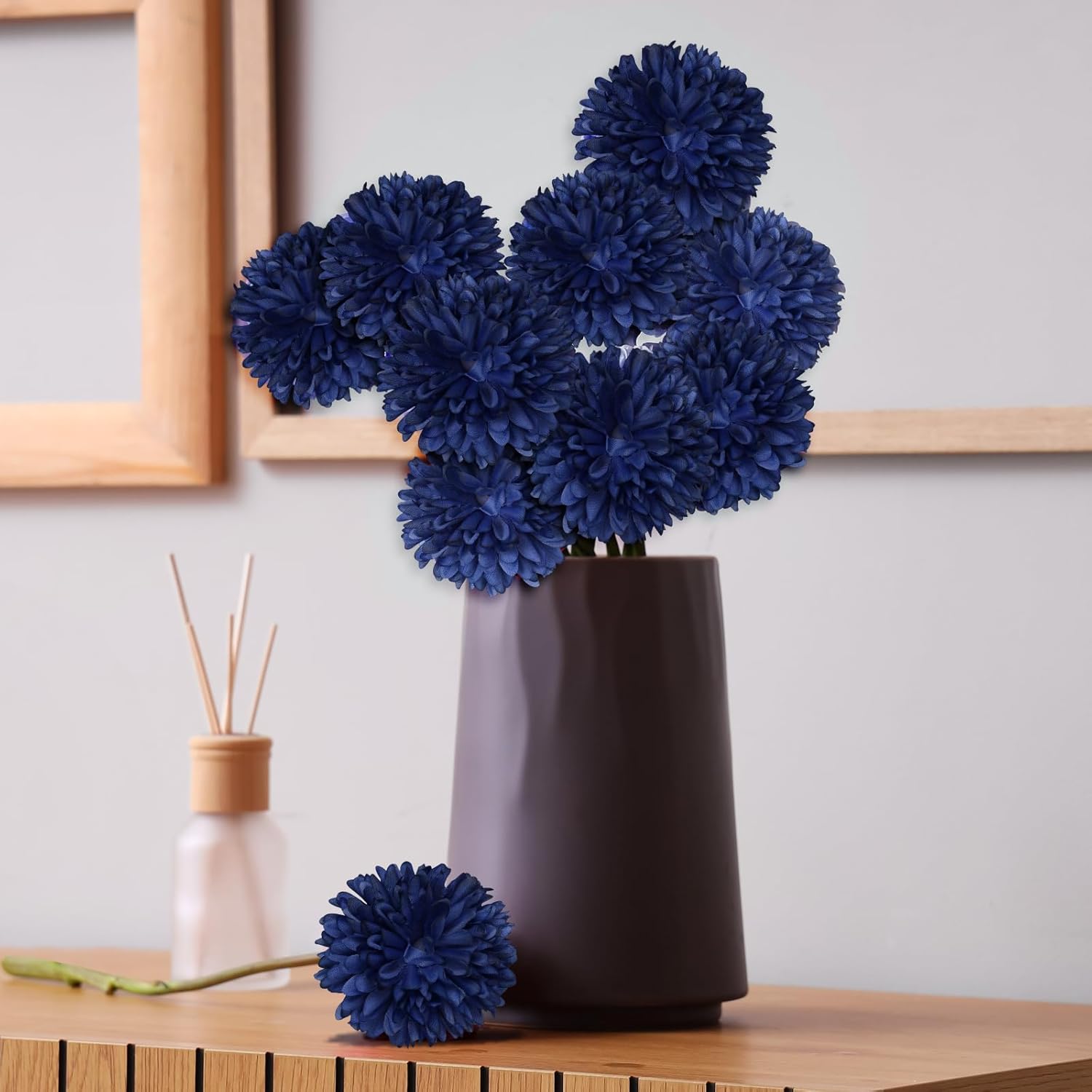 36 Pcs Artificial Chrysanthemums Flowers Blue Ball Flower Silk Fake Mums Flowers for Home Decor Outdoor Wedding Floral Arrangement St Patricks Day Table Centerpiece