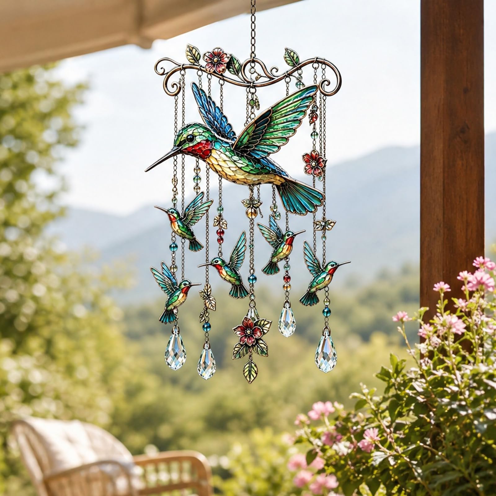 Graceful Bird Wind Chime with Crystal Pendants - Hummingbird Hanging
