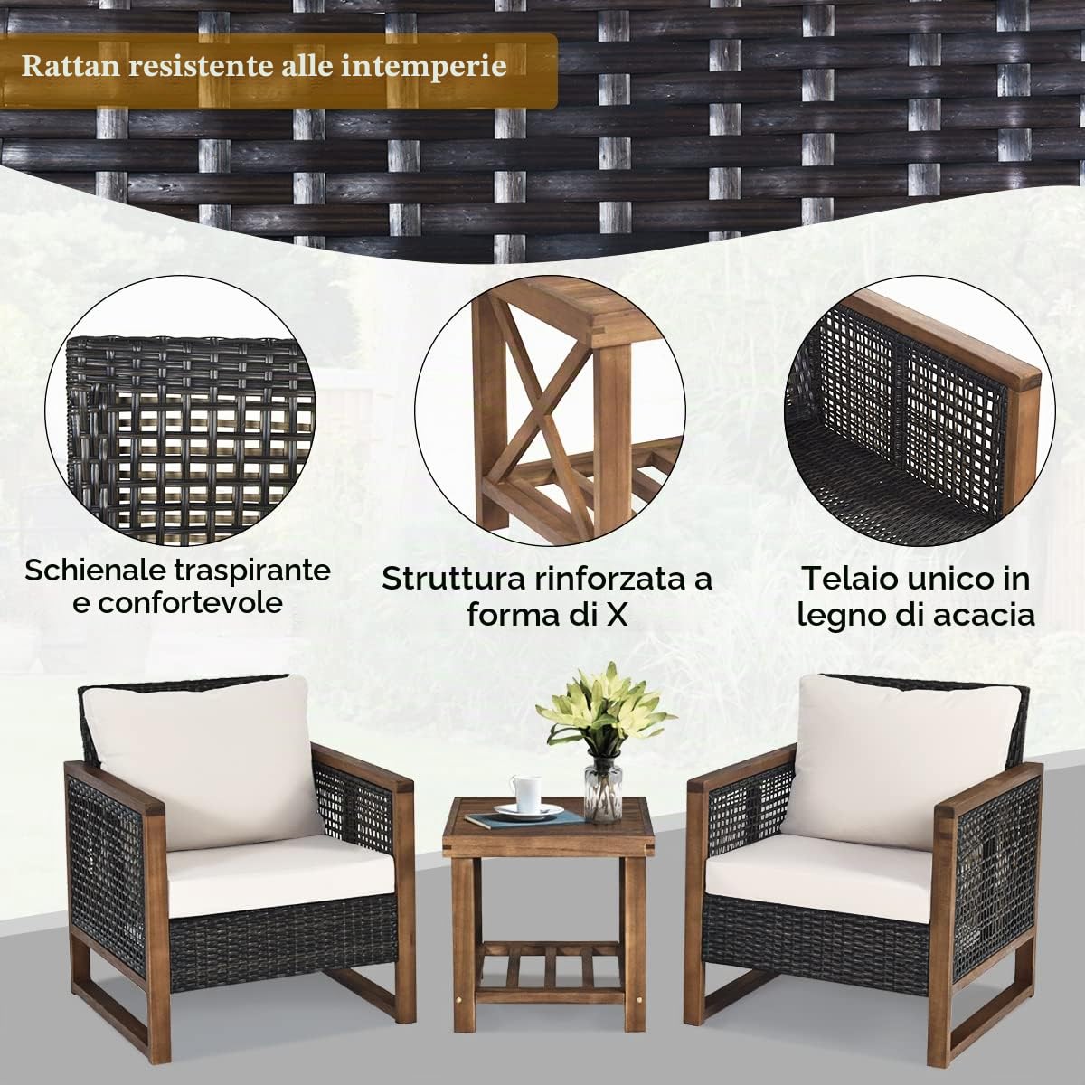 GIANTEX Divano da Giardino 2 Posti in Rattan con Cuscino Arancia | Set da Esterno con Tavolino, Divano da Cortile Marrone Sfumato, 115 x 64 x 80 cm