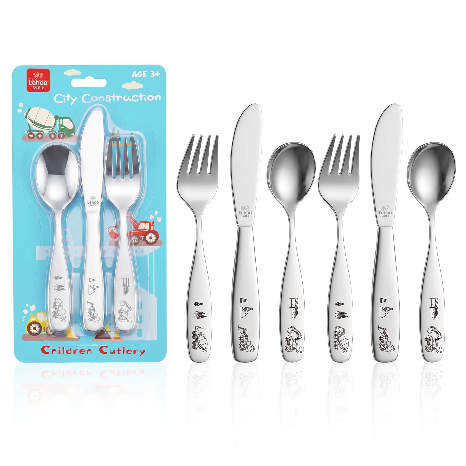 Lehoo Castle Kinderbesteck, 6-teiliges Edelstahl Besteck Kinder Set mit Löffel, Gabel, Messer, Dinosaurier Kinderbesteck ab 3 Jahre