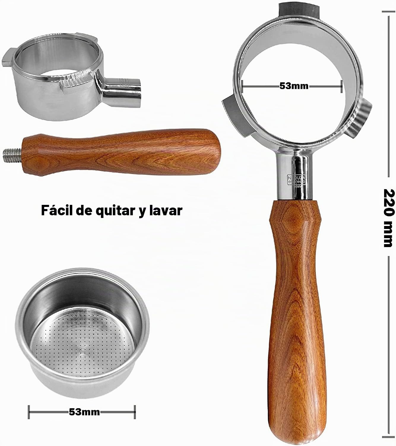 NEOUZA Portafiltro sin fondo de 54 mm compatible con Breville Sage Coffee Espresso Machine 870/875/878/880, cesta de filtro, cuchara, alfombrilla de manipulación, cepillo