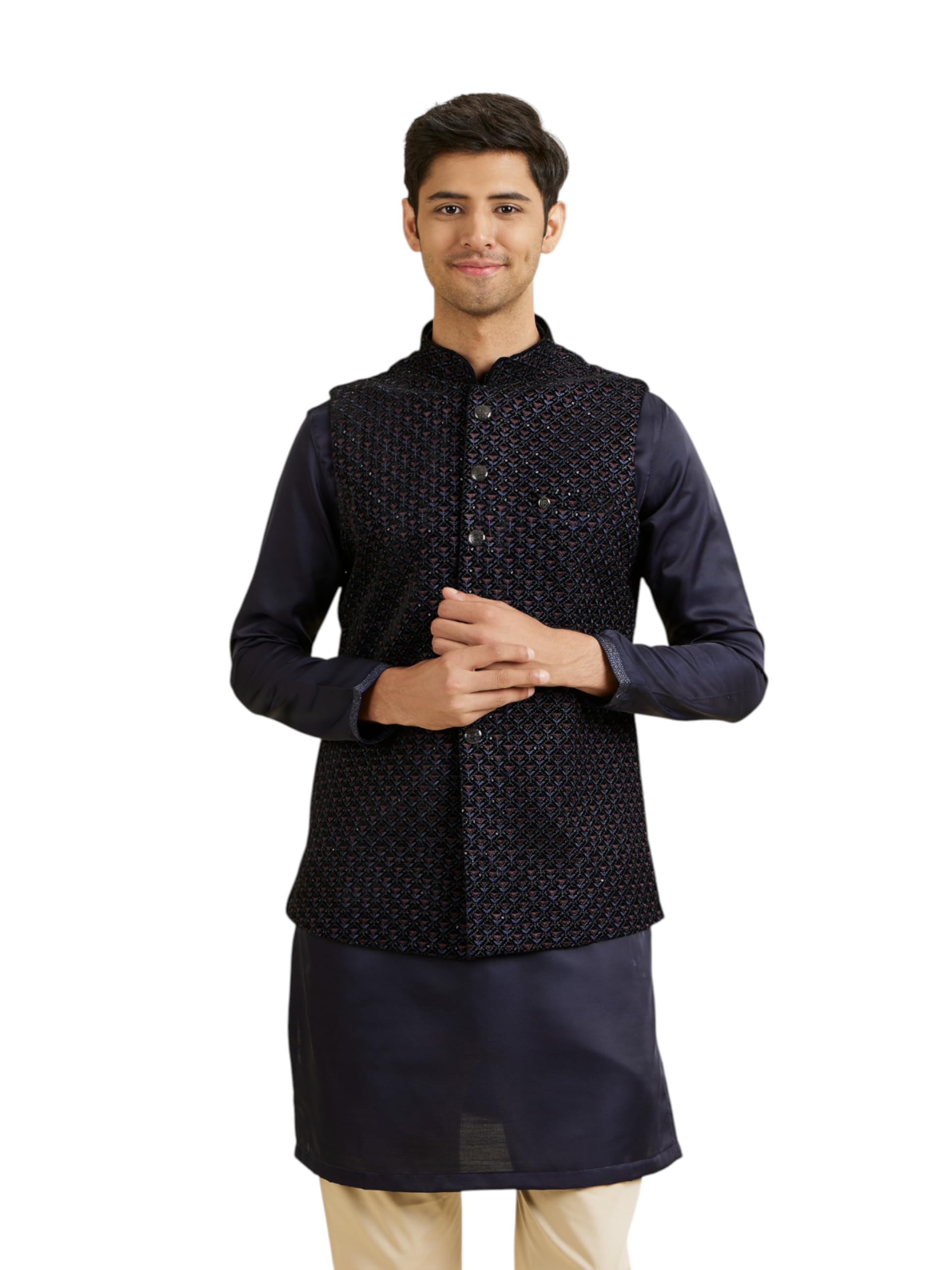 manyavar Men's Velvet Embroidered Traditional Nehru Jacket (1pc)-picture-34