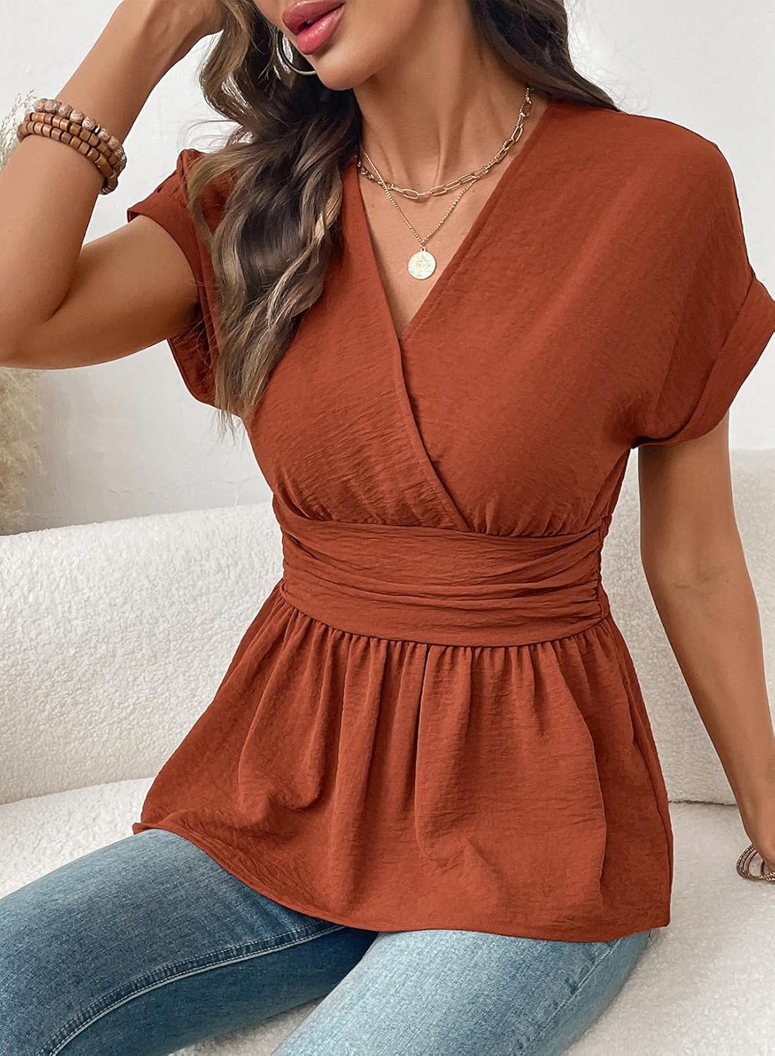 Astylish Women's Elegant Wrap V Neck Peplum Tops Short Sleeve Stretchy Ruched Ruffle Dressy Blouses Shirts - Image 6
