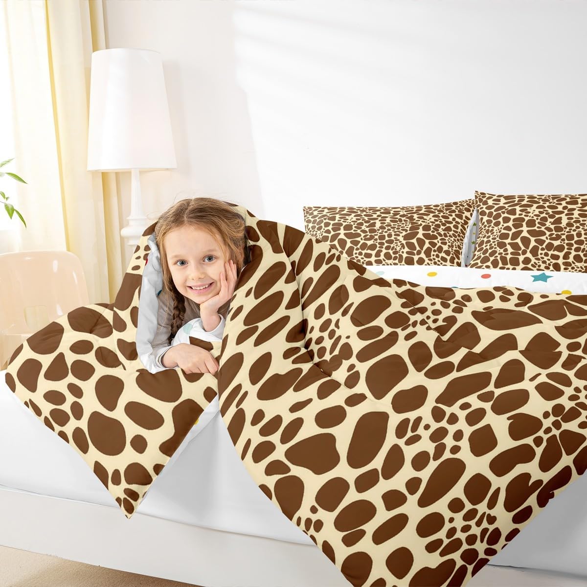 Erosebridal Giraffe Print Comforter Set Queen for Boys Men Geometric Brown Giraffe Bedding Set Wild Animal Theme Skin Pattern Quilted Comforter for Kids Luxury Soft Home Dorm Bedroom Decorative 3Pcs