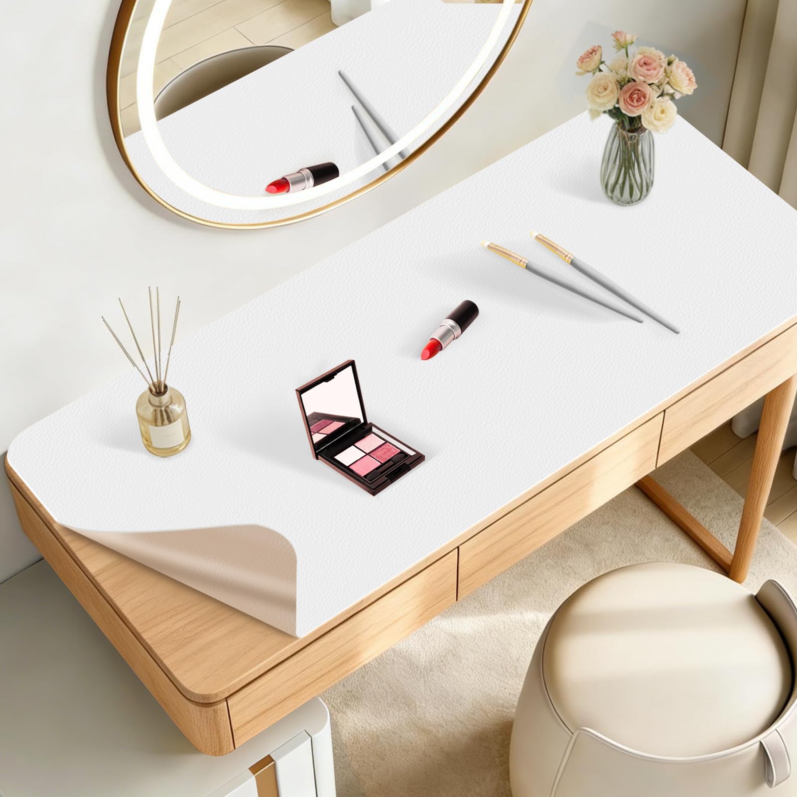 Khongoo Dressing Table Mat 50x30cm, Leather Make Up Mat for Dressing Table, Dual-Sided and Easy to Clean Small Desk Pad, Waterproof and Oilproof Vanity Accessories (White and Khaki)