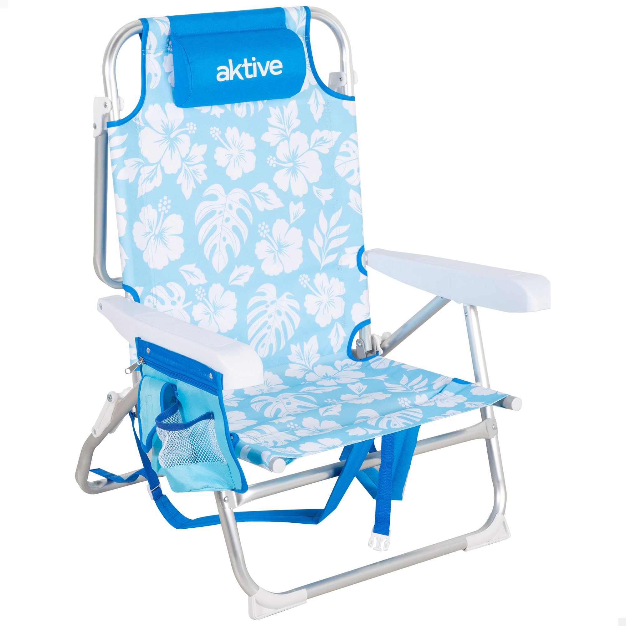 AKTIVE Silla de playa plegable, 50x54x80 cm, Mochila, Resistente hasta 110kg, Silla multiposición, Con bolsillos, Con reposacabezas, Convertible en tumbona, Asas transporte (62511)