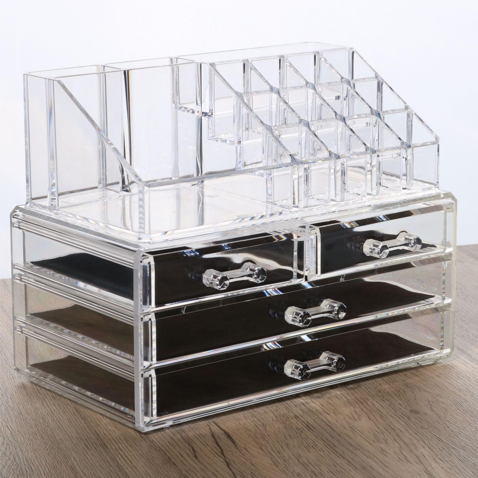 Cq acrylic 4 Drawers and 16 Grid Makeup Organizer with Cosmetic Storage Cases, The Top of the Almighty as a Display Make-up Brush and Lipstick Holder,Clear 2 Piece Set