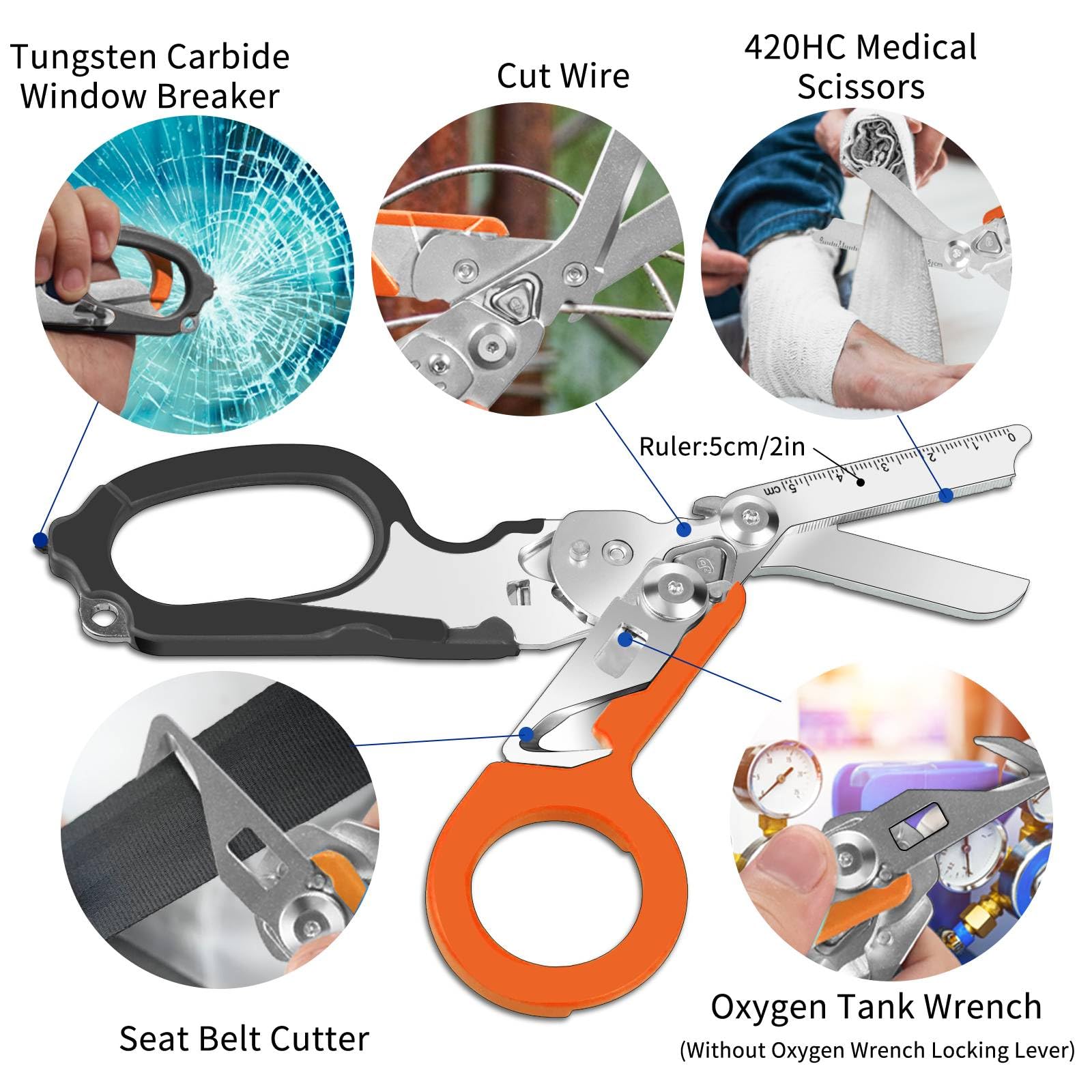 6 in 1 Traumaschere mit Schere, Zange & 24 in 1 Multifunktions-Schlüssel, Notfall-Schere mit Gurtschneider & Glasbrecher, Rettungsschere für Outdoor-Camping (Schwarz+Orange)