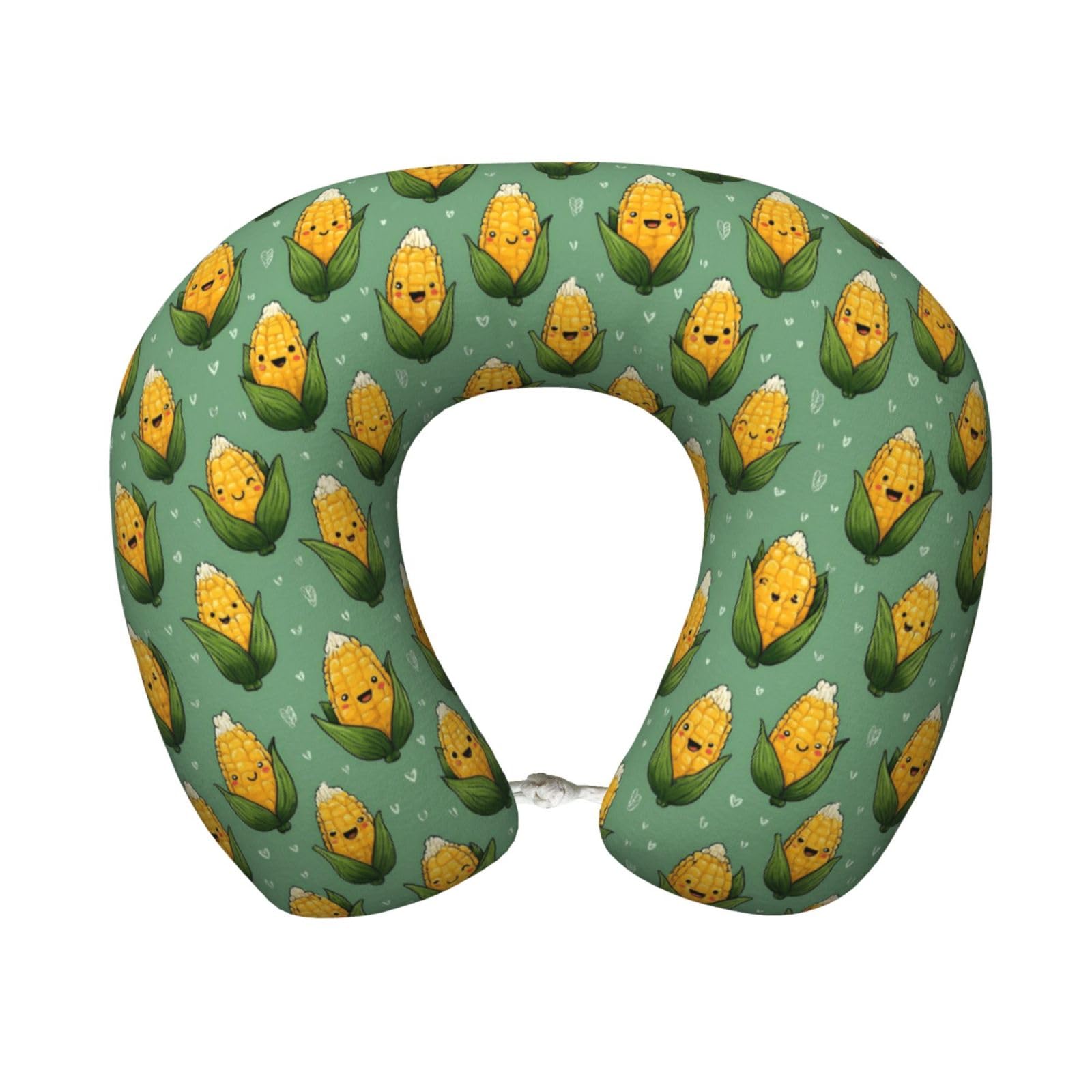 peiyeety Cartoon Corn Print Travel Pillow Memory Foam, Portable Neck Pillow for Airplane, Car and Office