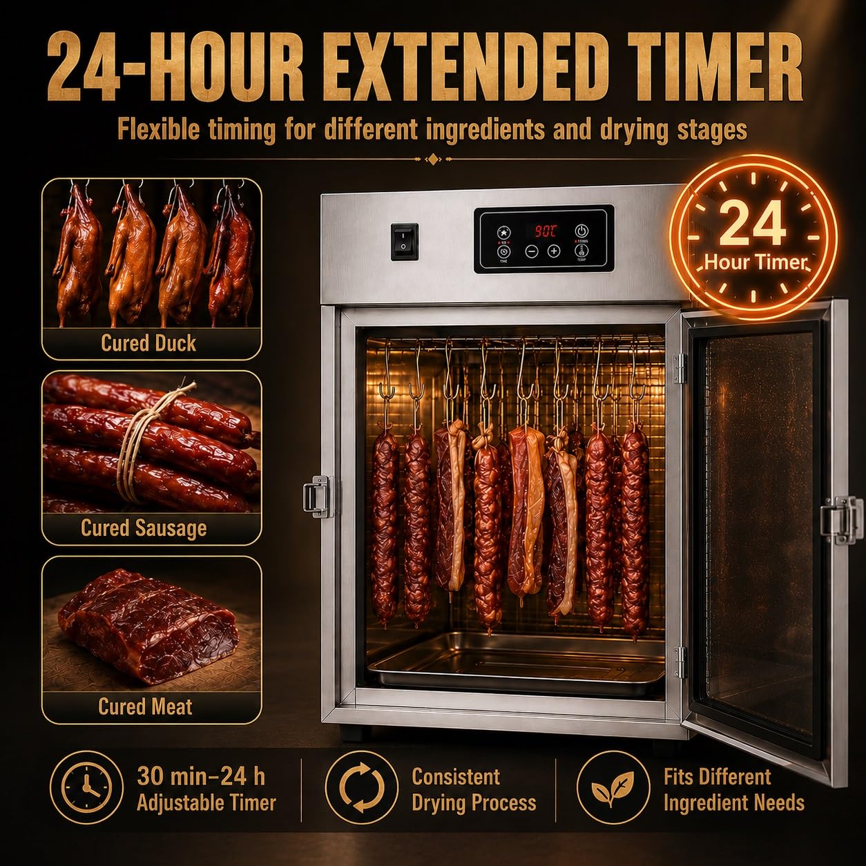 Dry Ager, 360° Drehbarer Fleischtrockner Mit LED-Steuerung Und 14 Haken | 0-90°C-Einstellung, 7,5 kg Fassungsvermögen, Edelstahl, for Pökeln von Wurst, Speck und Hühnchen