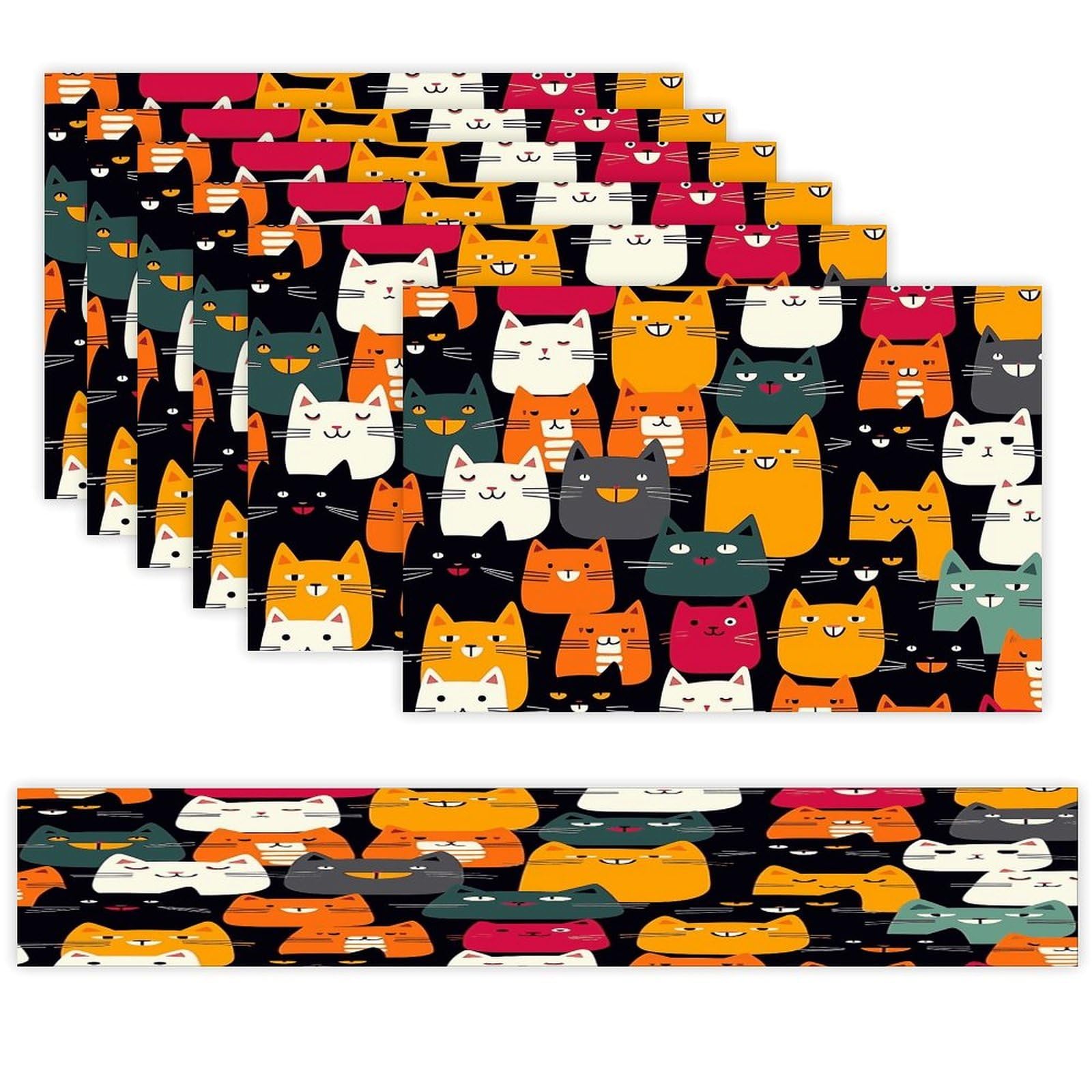 Animal Cat Table Runner and Placemats Set of 6 Wipe Clean Heat Resistant Table Mat with Table Runner Decorations Flax Linen Place Mat Set for Home Kitchen Party Supplies