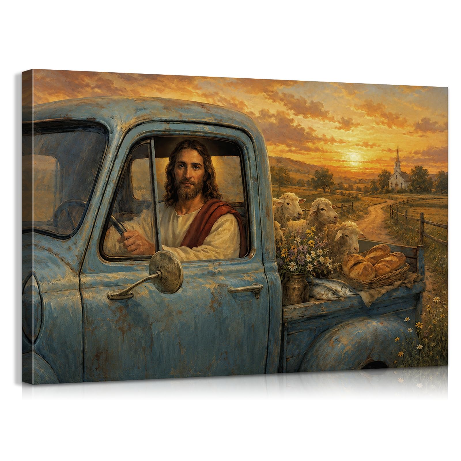 Jesus Christ and Lamb Vintage Truck Religious Wall Art Christian Art