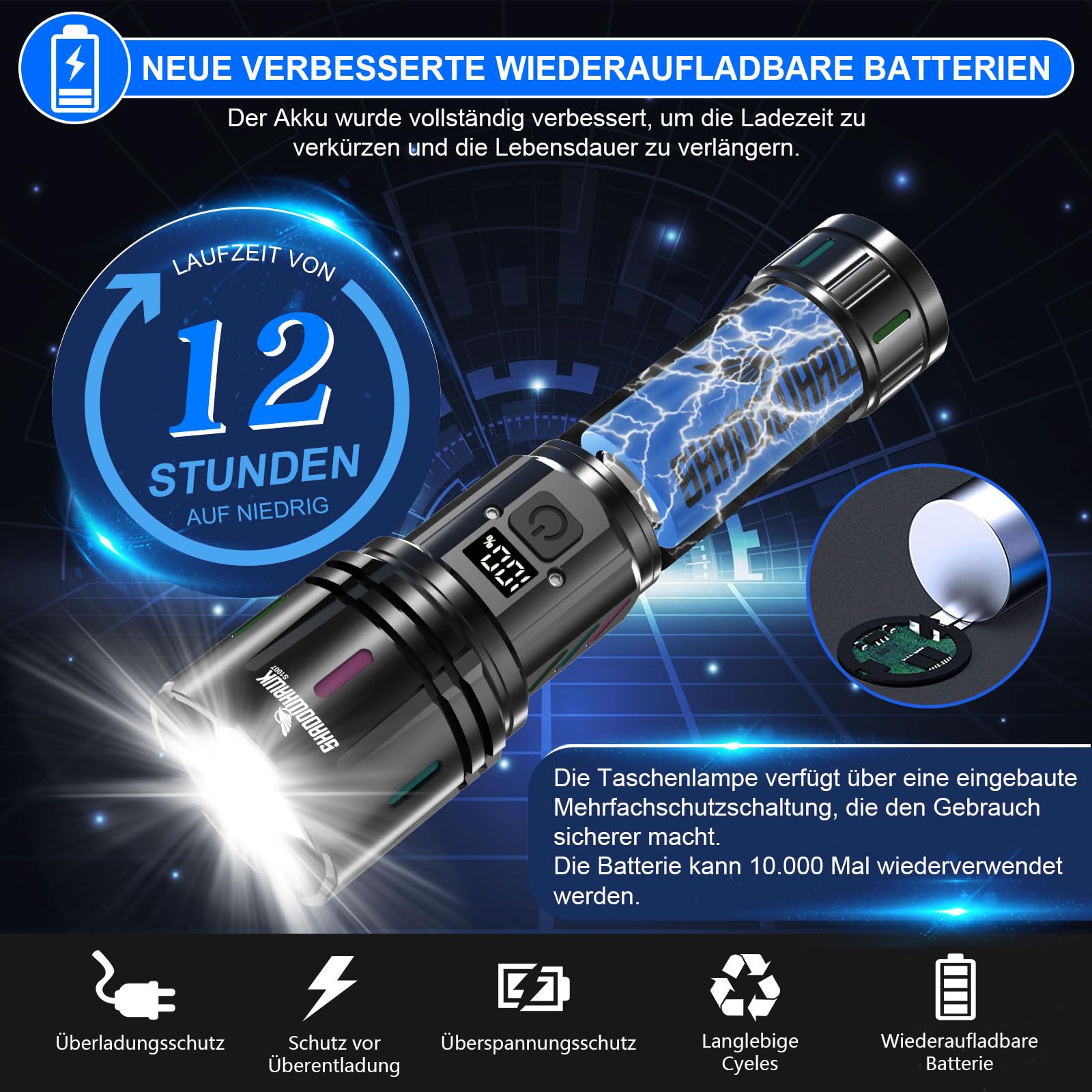 Shadowhawk Torcia a LED ricaricabile, 50000 lumen, torcia a LED, estremamente luminosa, XHM90.2, con USB, forte torcia tattica, alimentata a batteria, impermeabile, per emergenze all'aperto