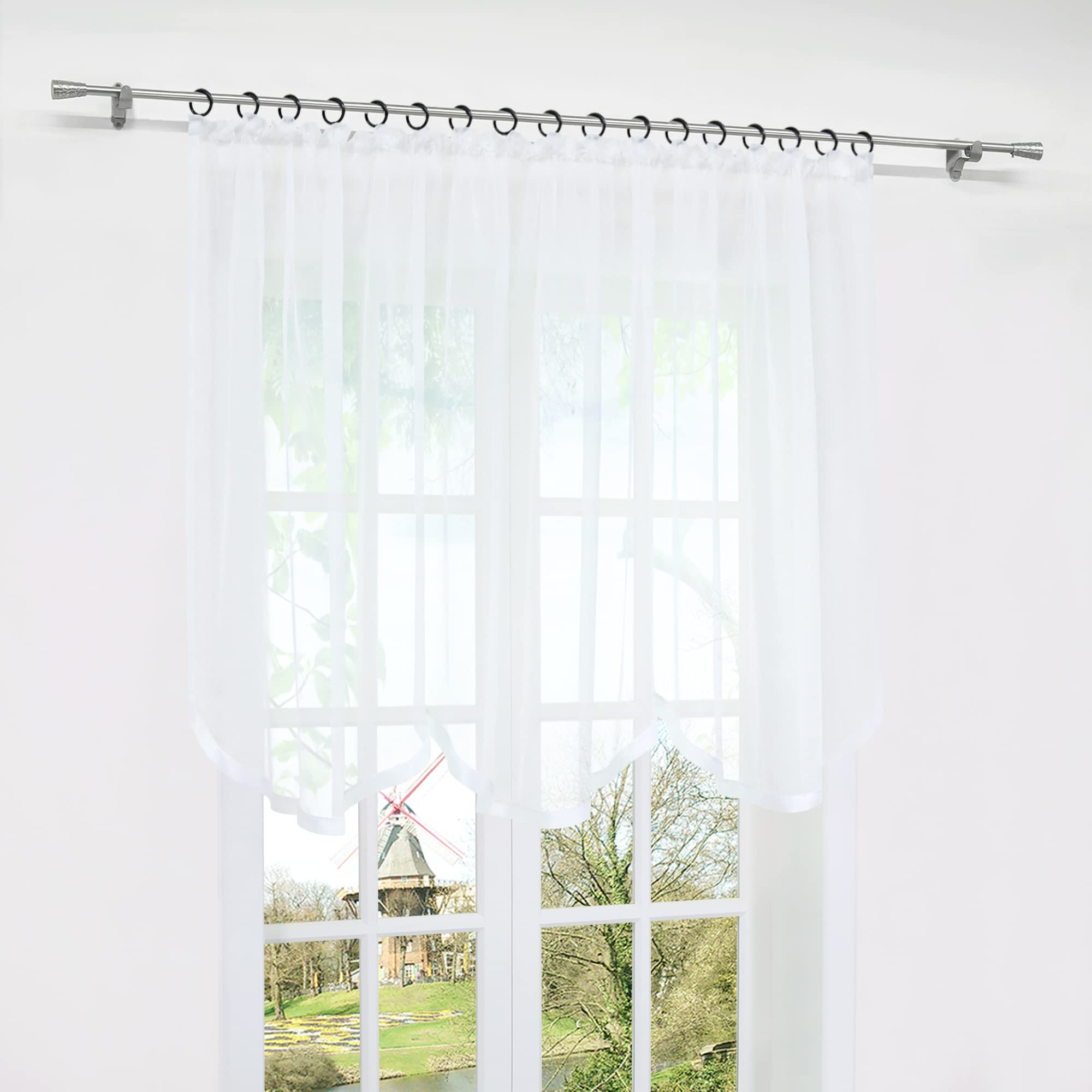 HongYa Bogenstore aus transparentem Voile mit Kräuselband und Satinband | Weiß, H/B 100/500 cm, einteilig, lichtdurchlässig, pflegeleicht, geschwungener Saum, für Küche und Wohnzimmer
