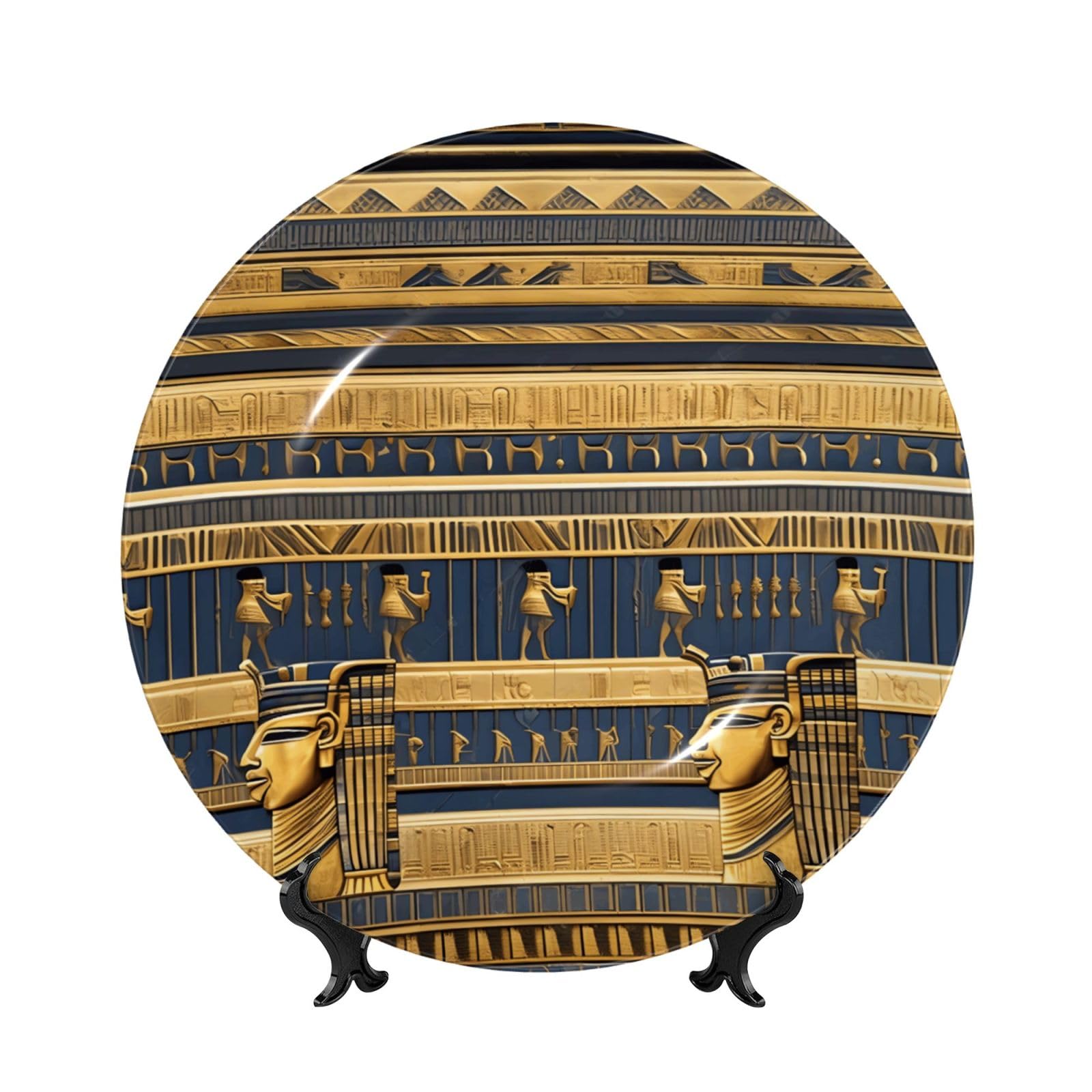 SXZVVBN Egyptian Pharaonic Frescoes Bone China Decorative Plate Art with Stand Removable Adhesive Hanging for Home Office 7in
