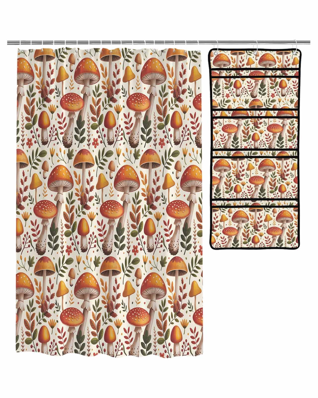 Shower Curtain Mesh Shower Organizer Hanging Set Fall Thanksgiving Mushroom Retro Flower Floral Plant Leaves Waterproof Shower Curtains