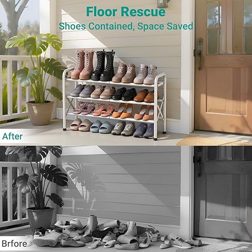 Miniatura 6 de Zapatero expandible de 3 niveles para el suelo del armario, zapatero pequeño de metal con marco en X para entrada, organizador de zapatos ajustable,
