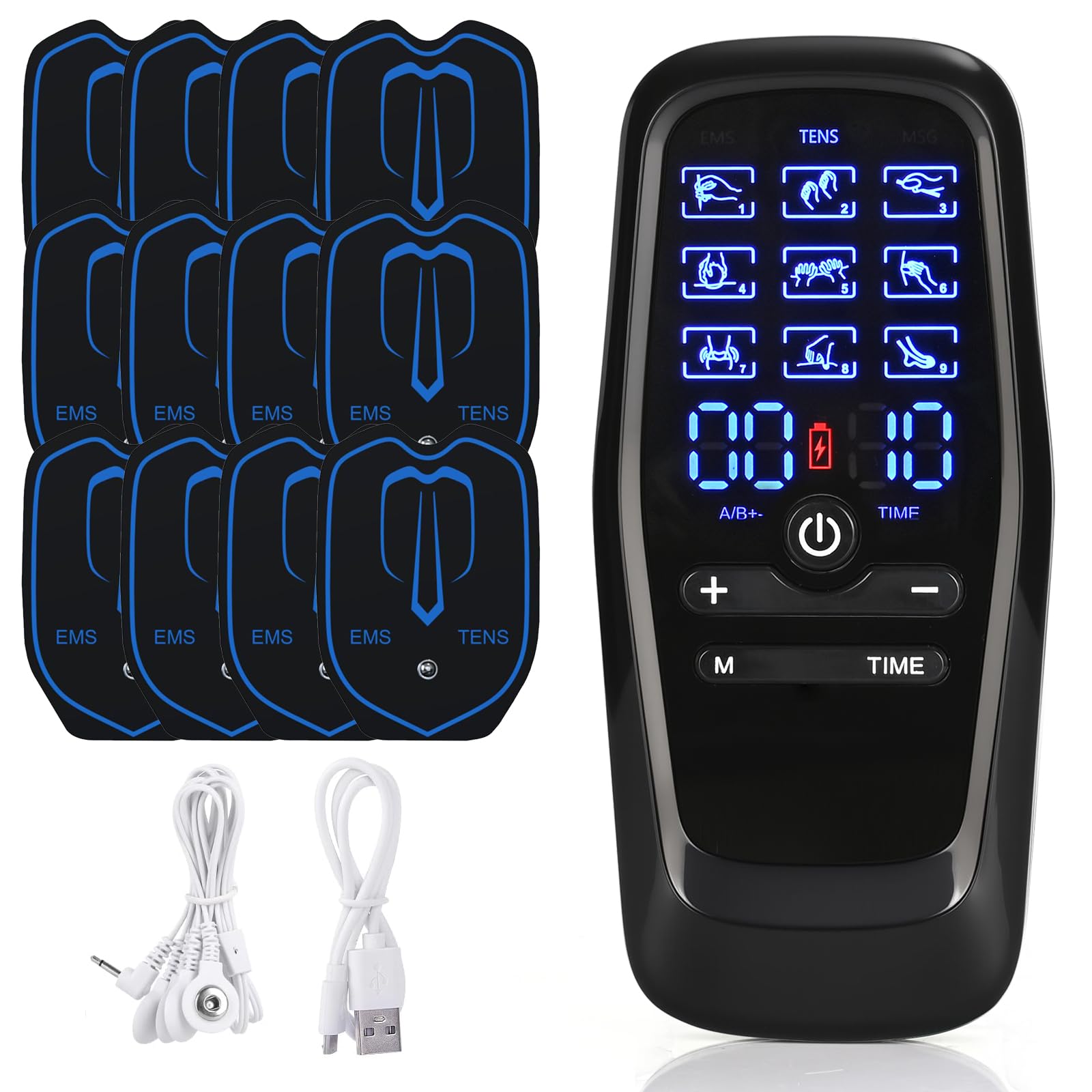 Electrostimulateur Musculaire, TENS/EMS/Massage Electrostimulateur, 2 Canaux avec 9 Modes de Massage et 30 Vitesses Réglables,Muscle Stimulator avec 12 Patchs, Appareil Portable Thérapie Anti-Douleur