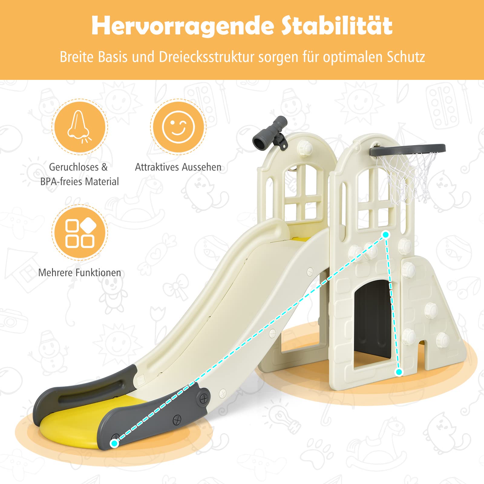 COSTWAY Kinder Rutsche, 6 in 1 Kinderrutsche & Leiter & Basketballkorb & Wurfring & Teleskop & Tunnel, Kinder Spielplatz, Rutsch Indoor Outdoor ab 3 Jahre alt (Gelb)